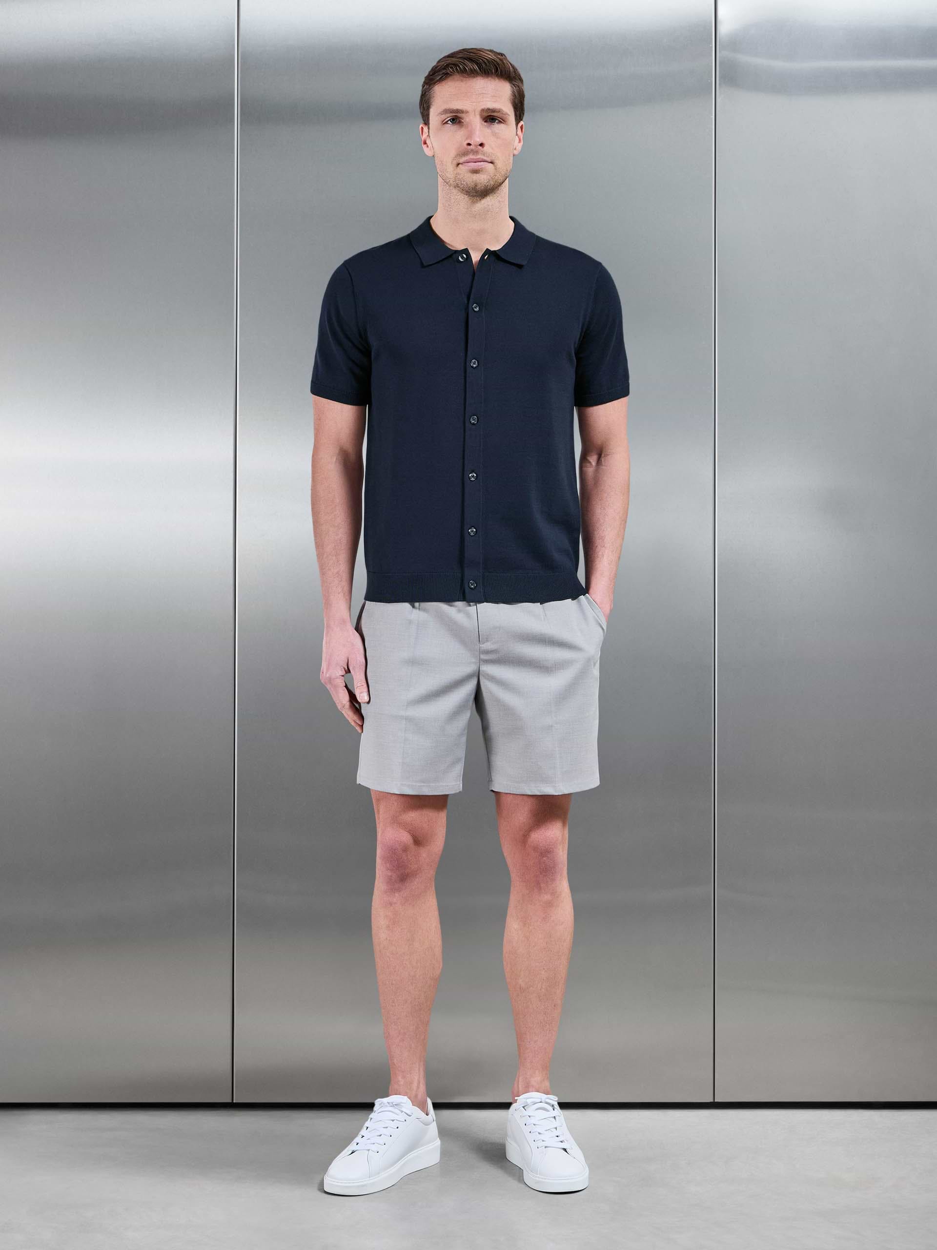 Mens Cotton Knitted Button Through Short Sleeve Shirt in Navy