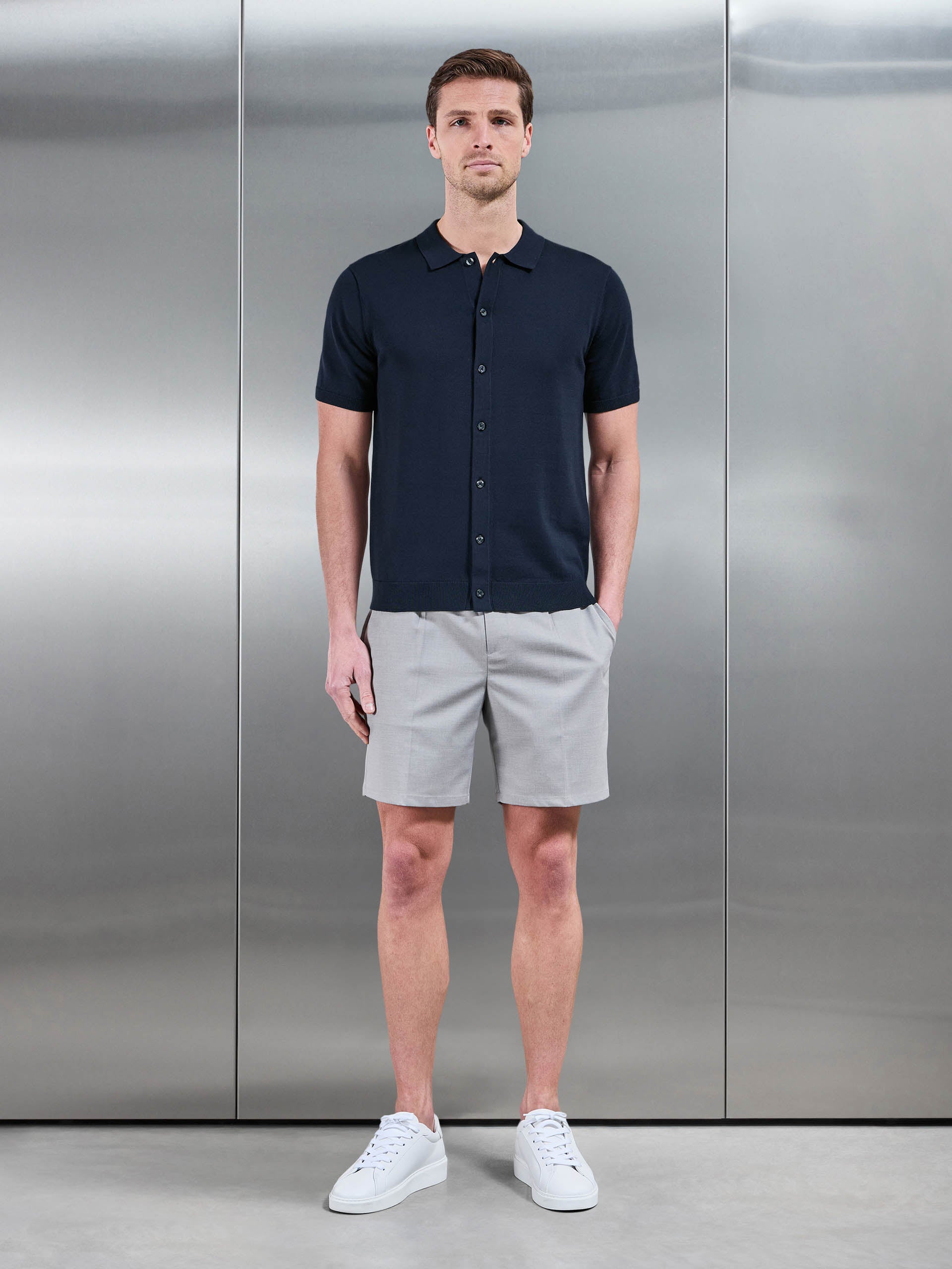 Mens Cotton Knitted Button Through Short Sleeve Shirt in Navy