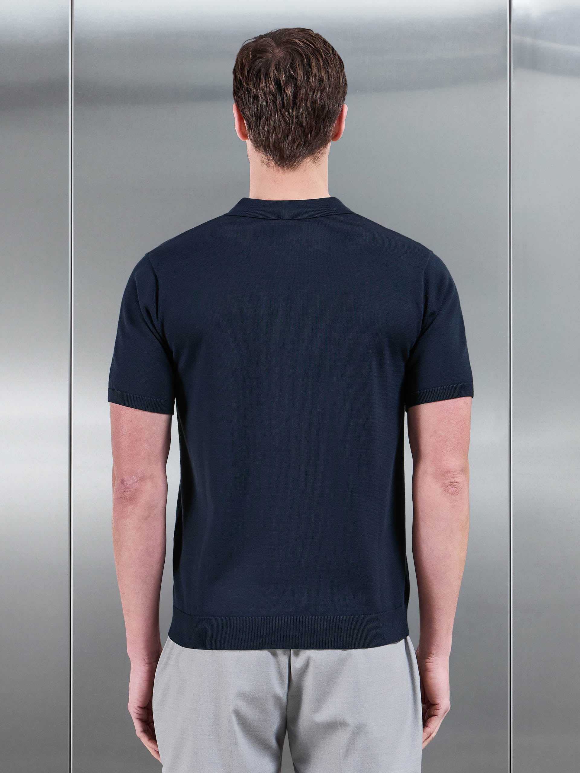 Mens Cotton Knitted Button Through Short Sleeve Shirt in Navy