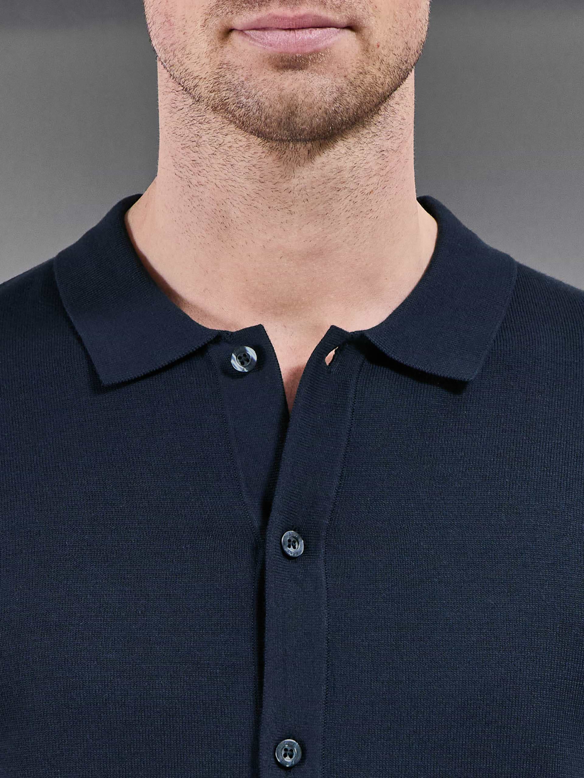 Cotton Knitted Button Through Short Sleeve Shirt in Navy