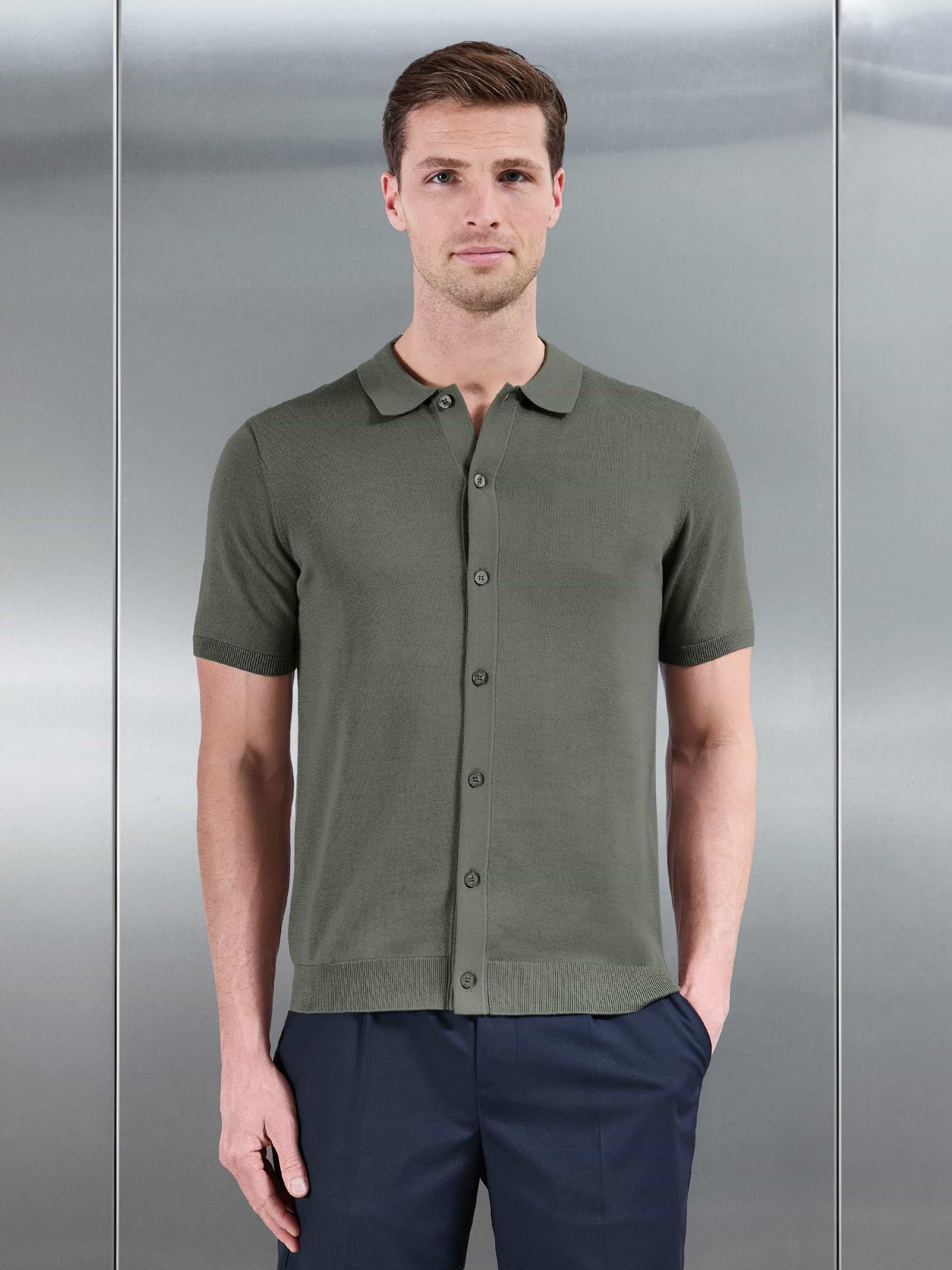 Cotton Knitted Button Through Short Sleeve Shirt in Sage