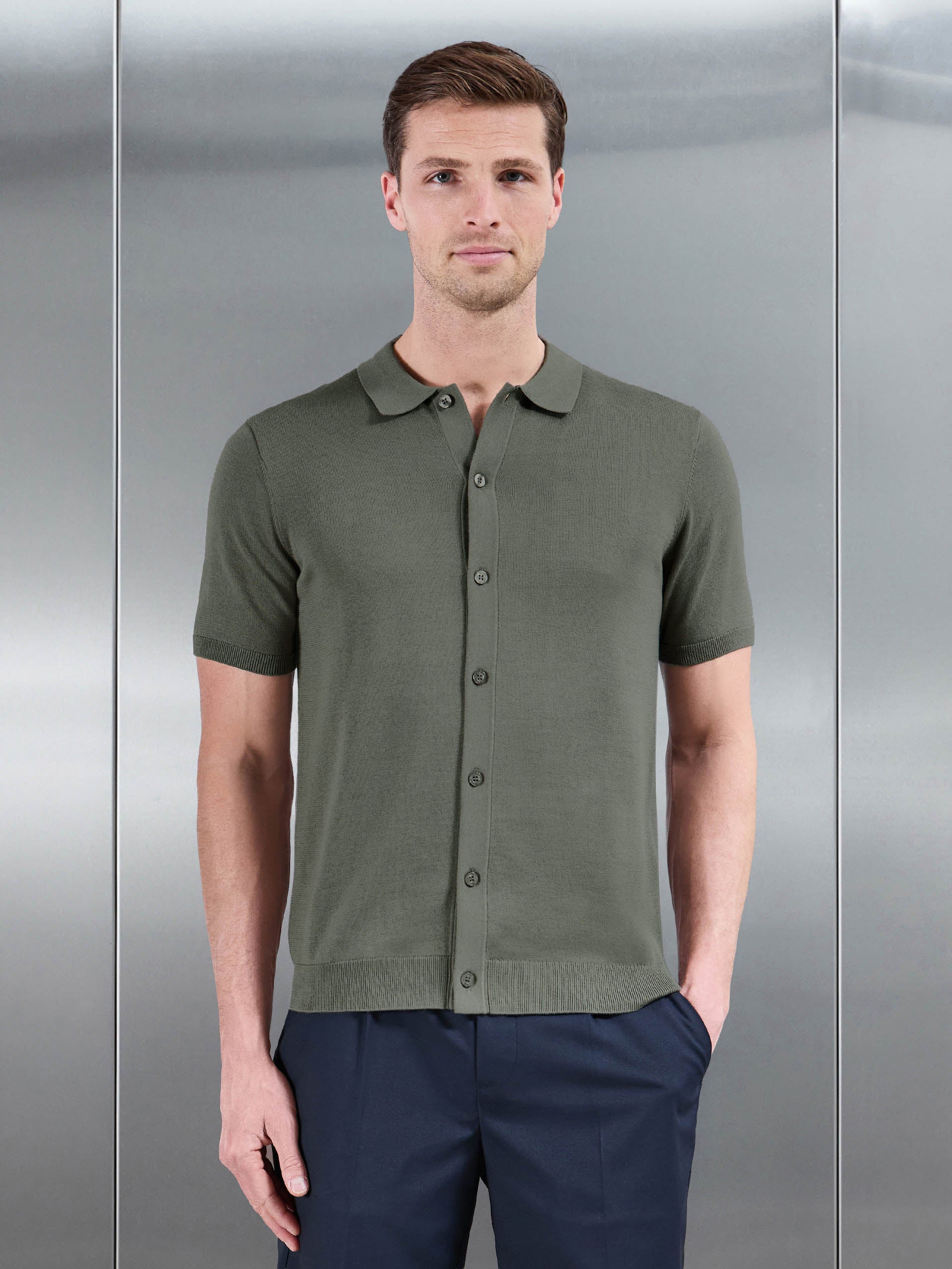 Cotton Knitted Button Through Short Sleeve Shirt in Sage