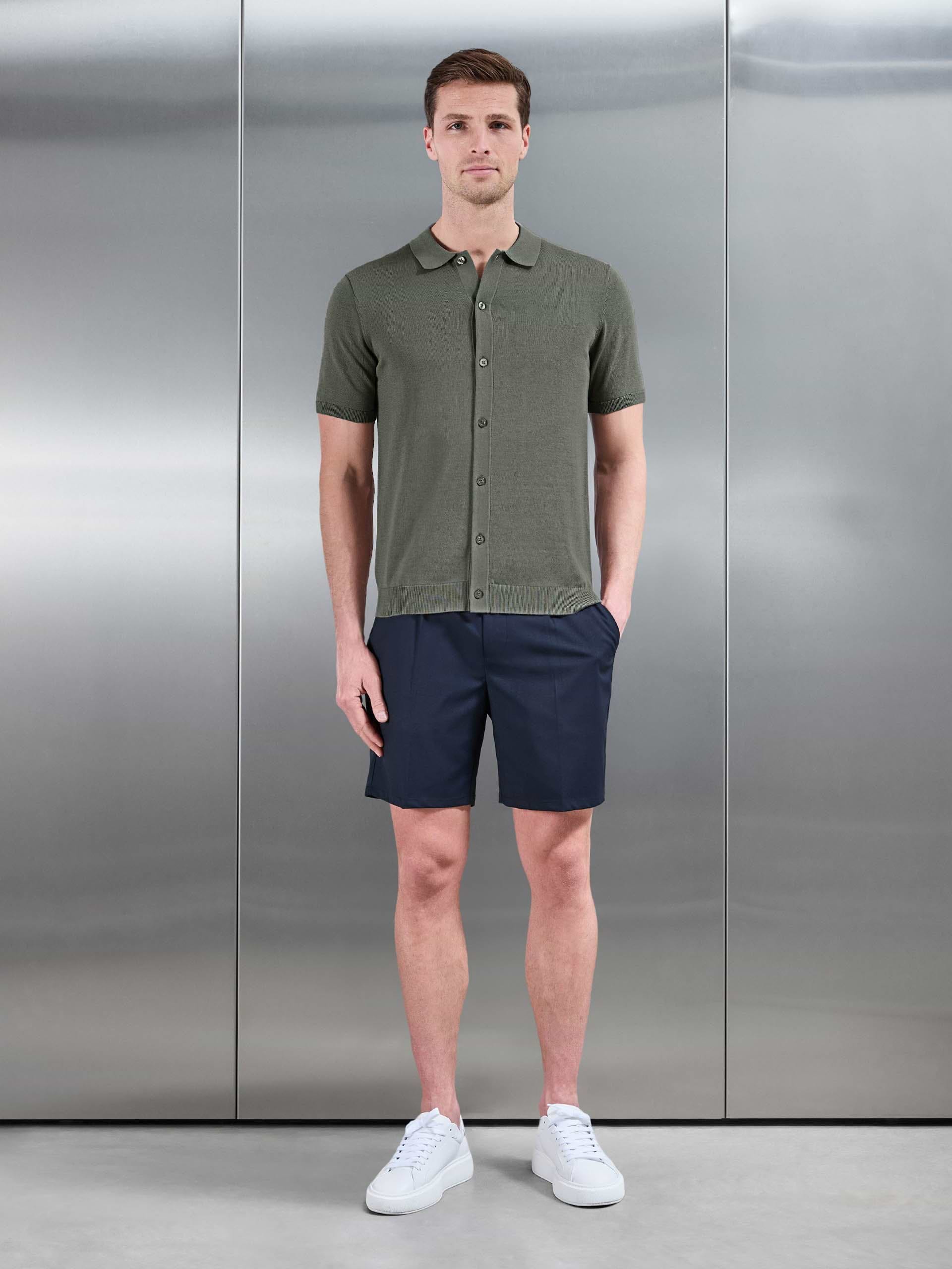 Cotton Knitted Button Through Short Sleeve Shirt in Sage