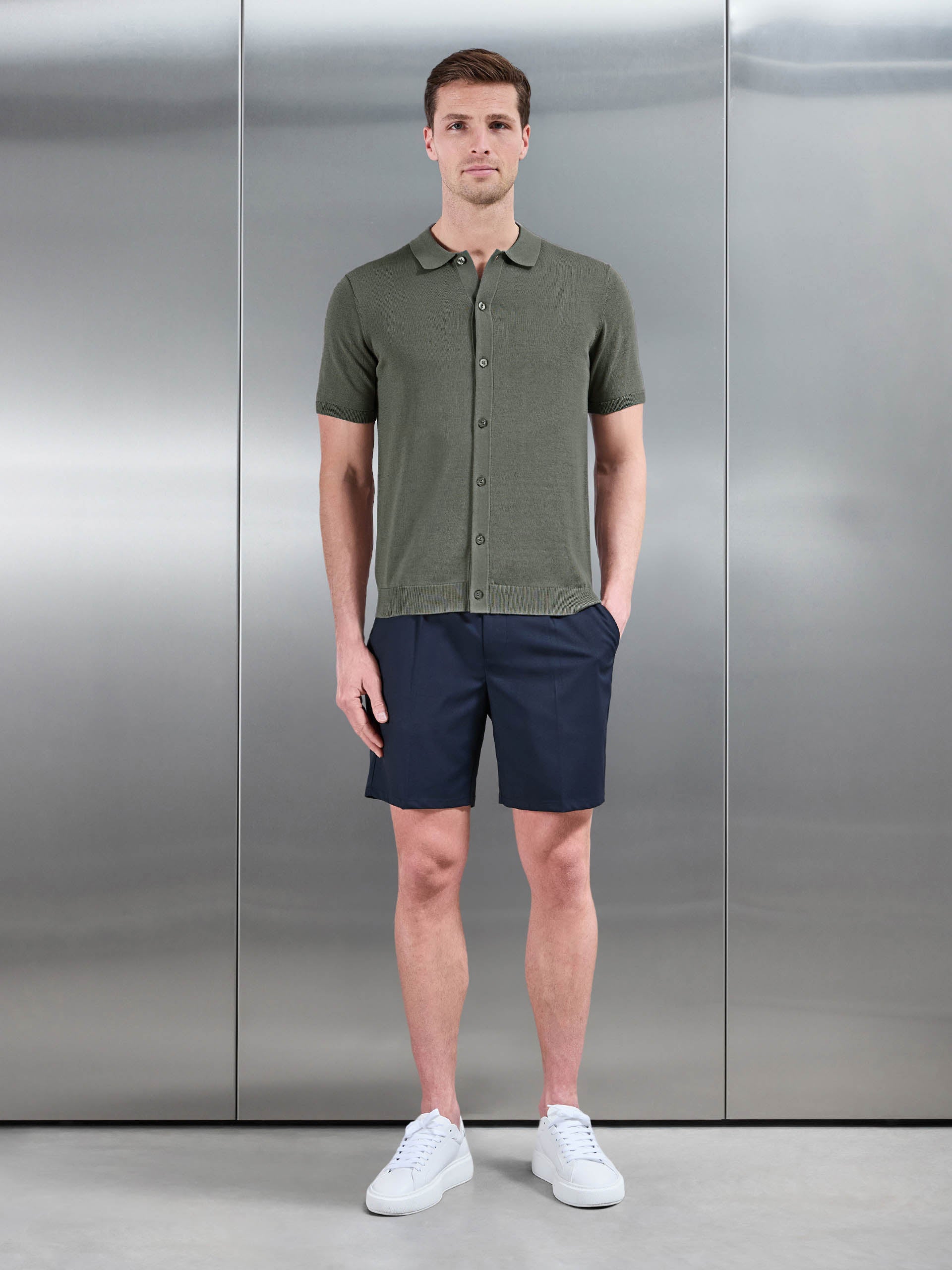 Cotton Knitted Button Through Short Sleeve Shirt in Sage
