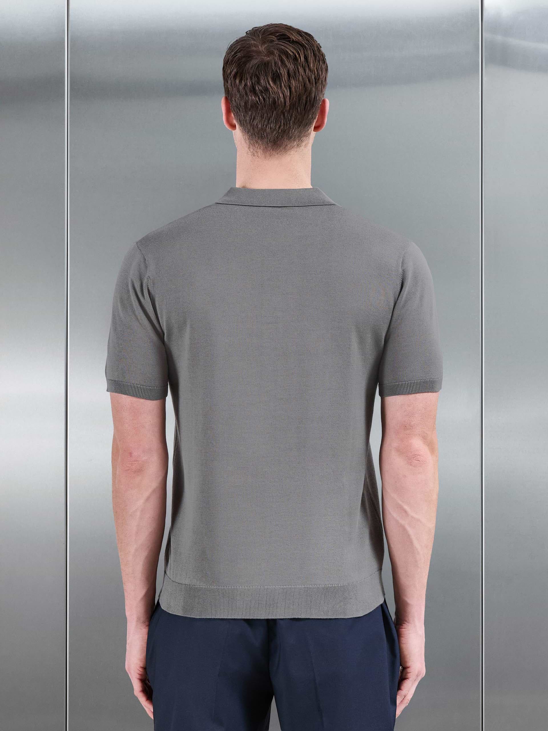 Cotton Knitted Button Through Short Sleeve Shirt in Sage