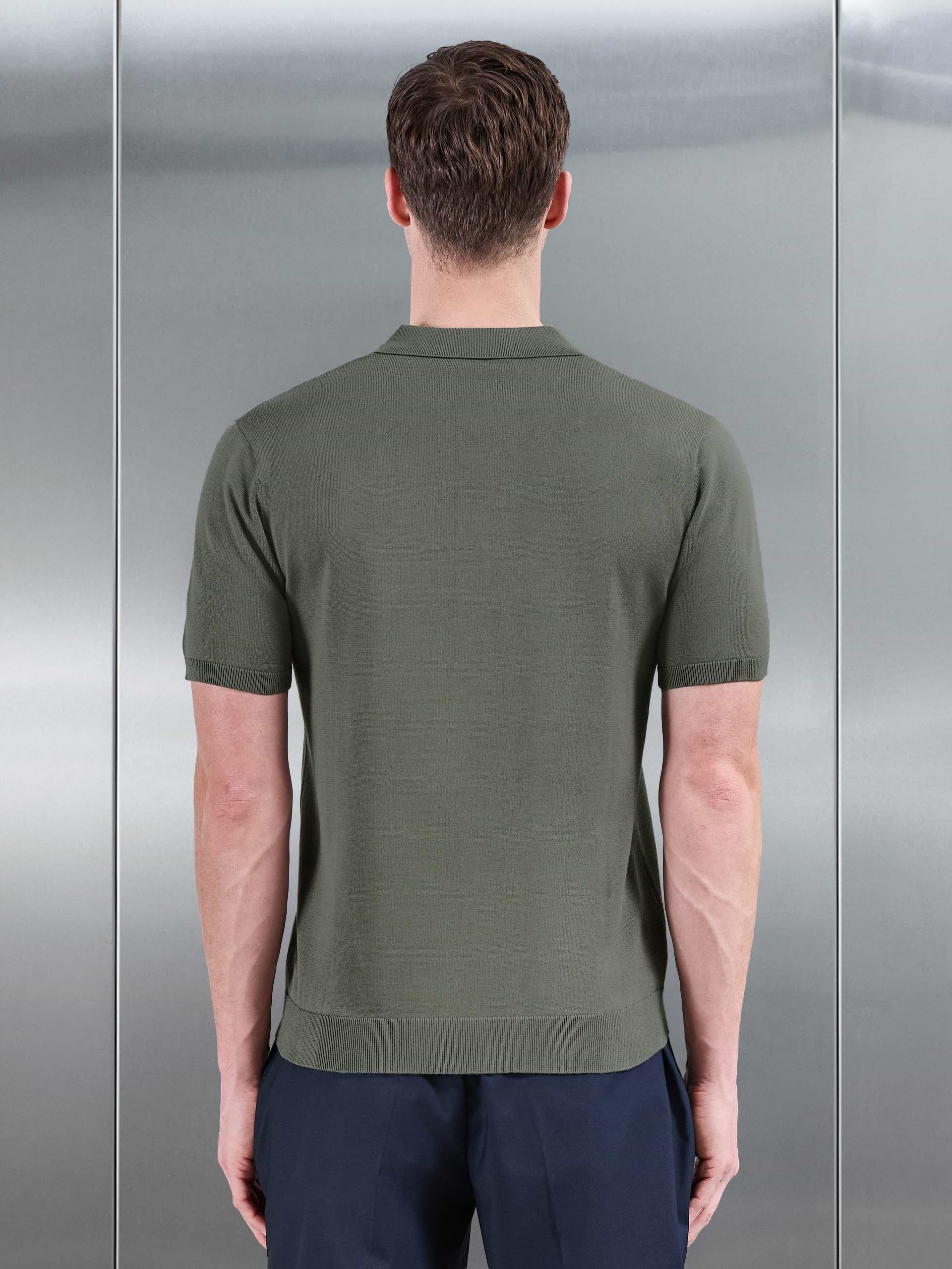 Cotton Knitted Button Through Short Sleeve Shirt in Sage