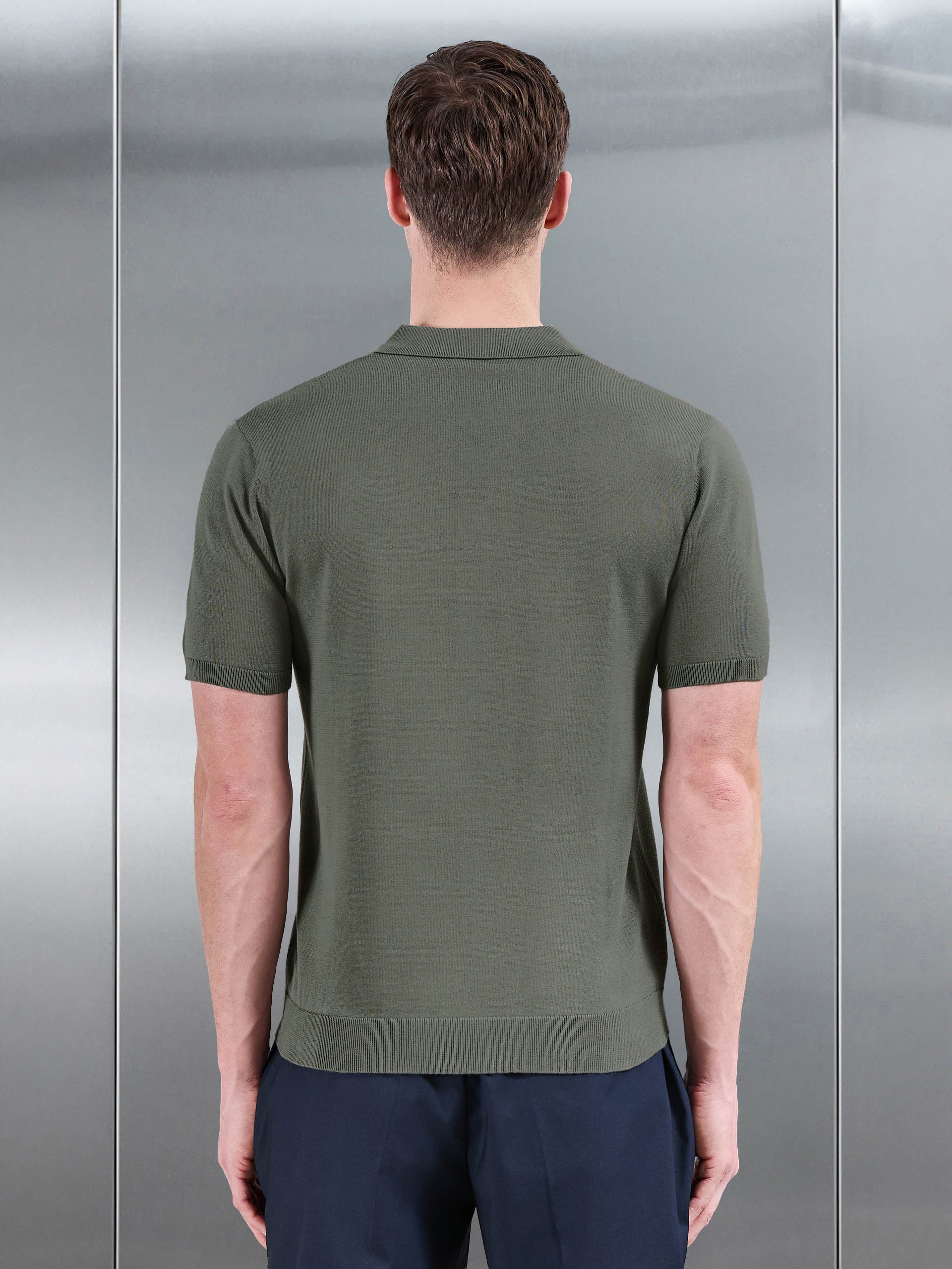 Cotton Knitted Button Through Short Sleeve Shirt in Sage