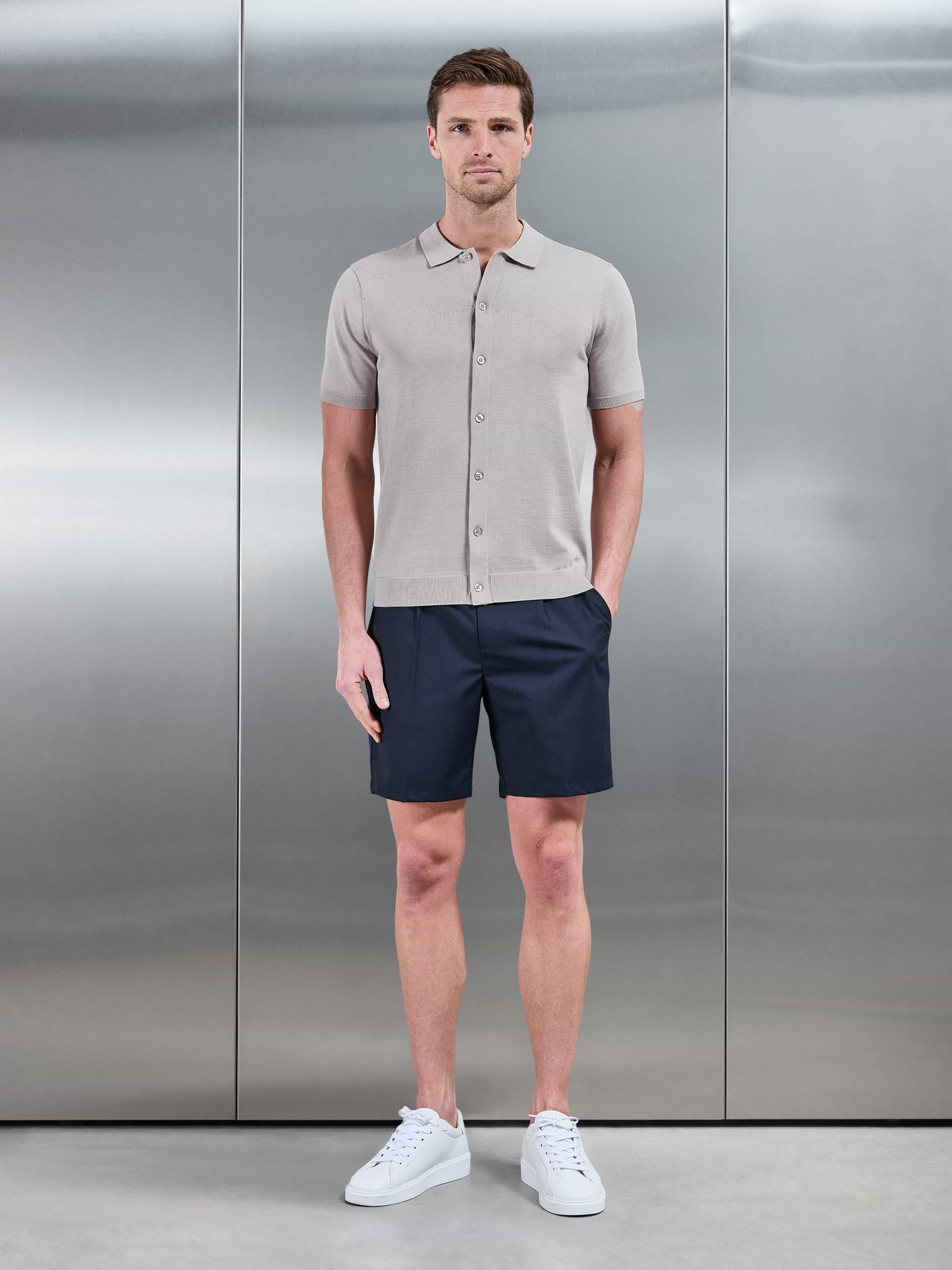 Mens Cotton Knitted Button Through Short Sleeve Shirt in Stone