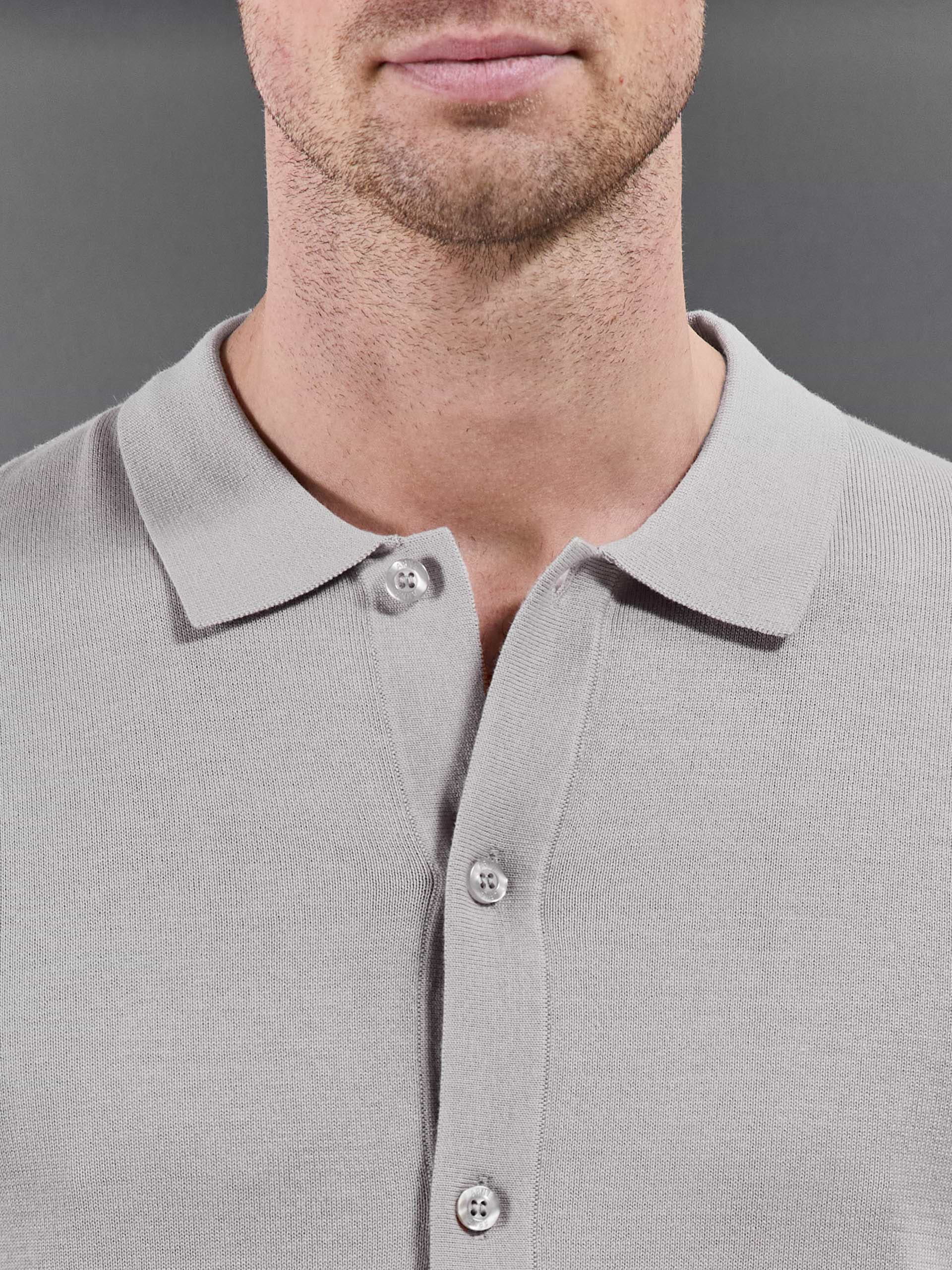 Cotton Knitted Button Through Short Sleeve Shirt in Stone