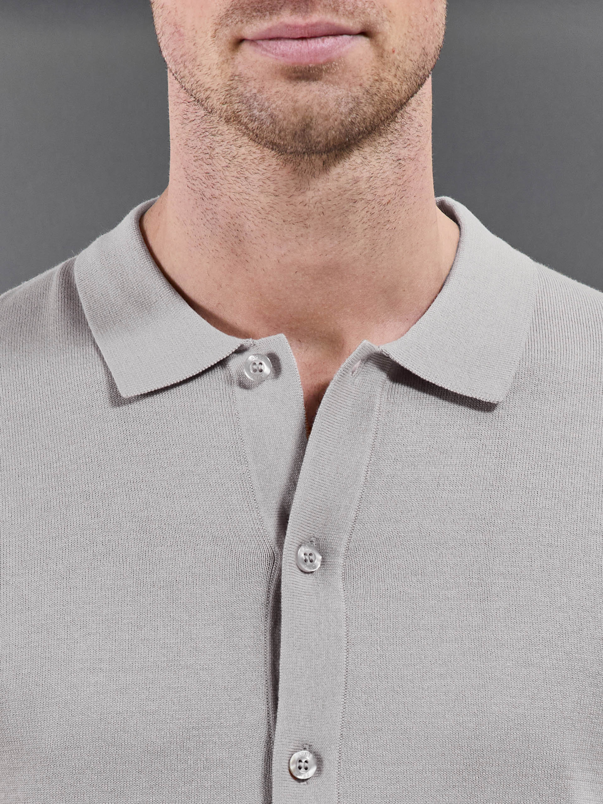 Mens Cotton Knitted Button Through Short Sleeve Shirt in Stone