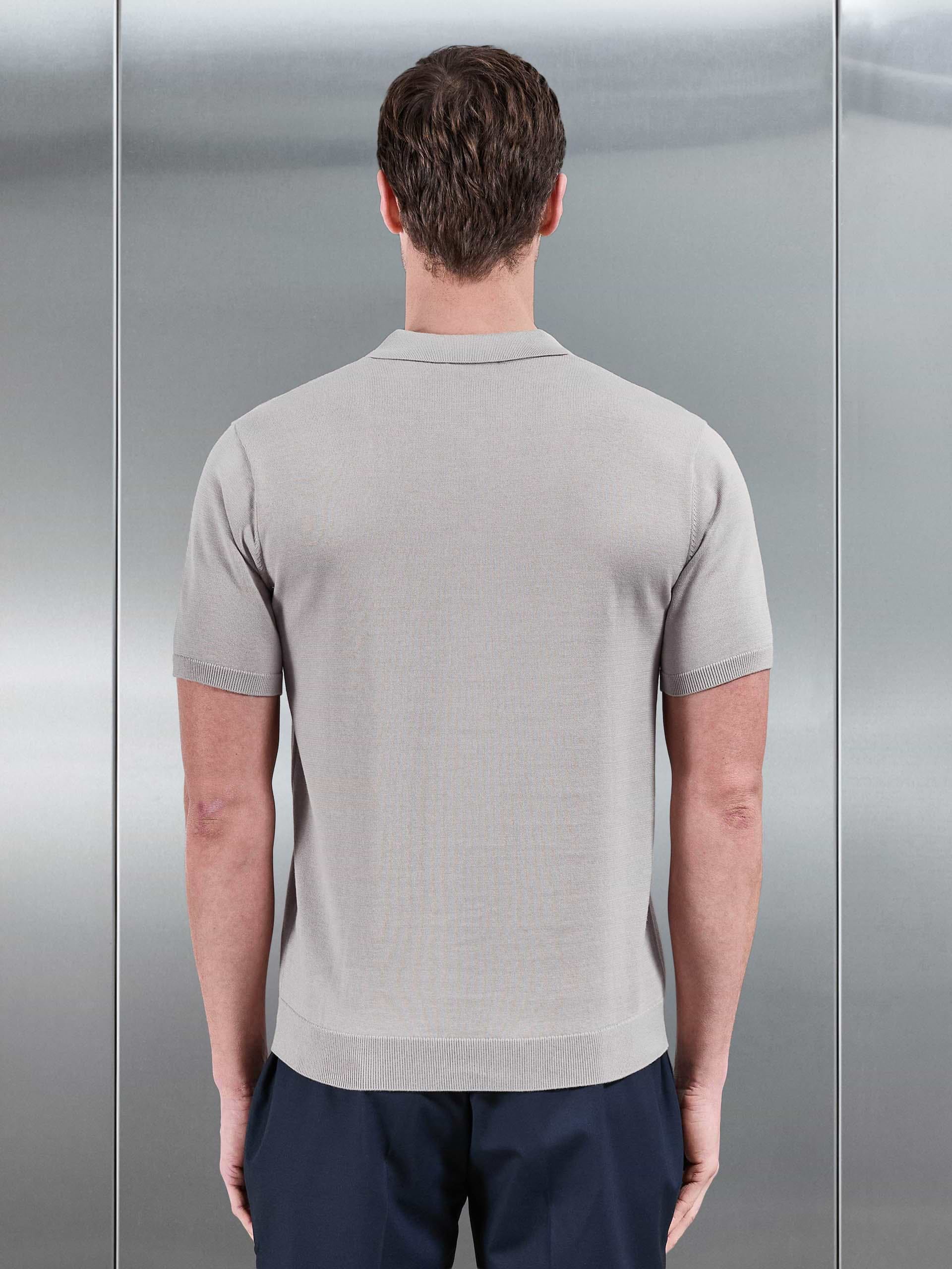 Cotton Knitted Button Through Short Sleeve Shirt in Stone