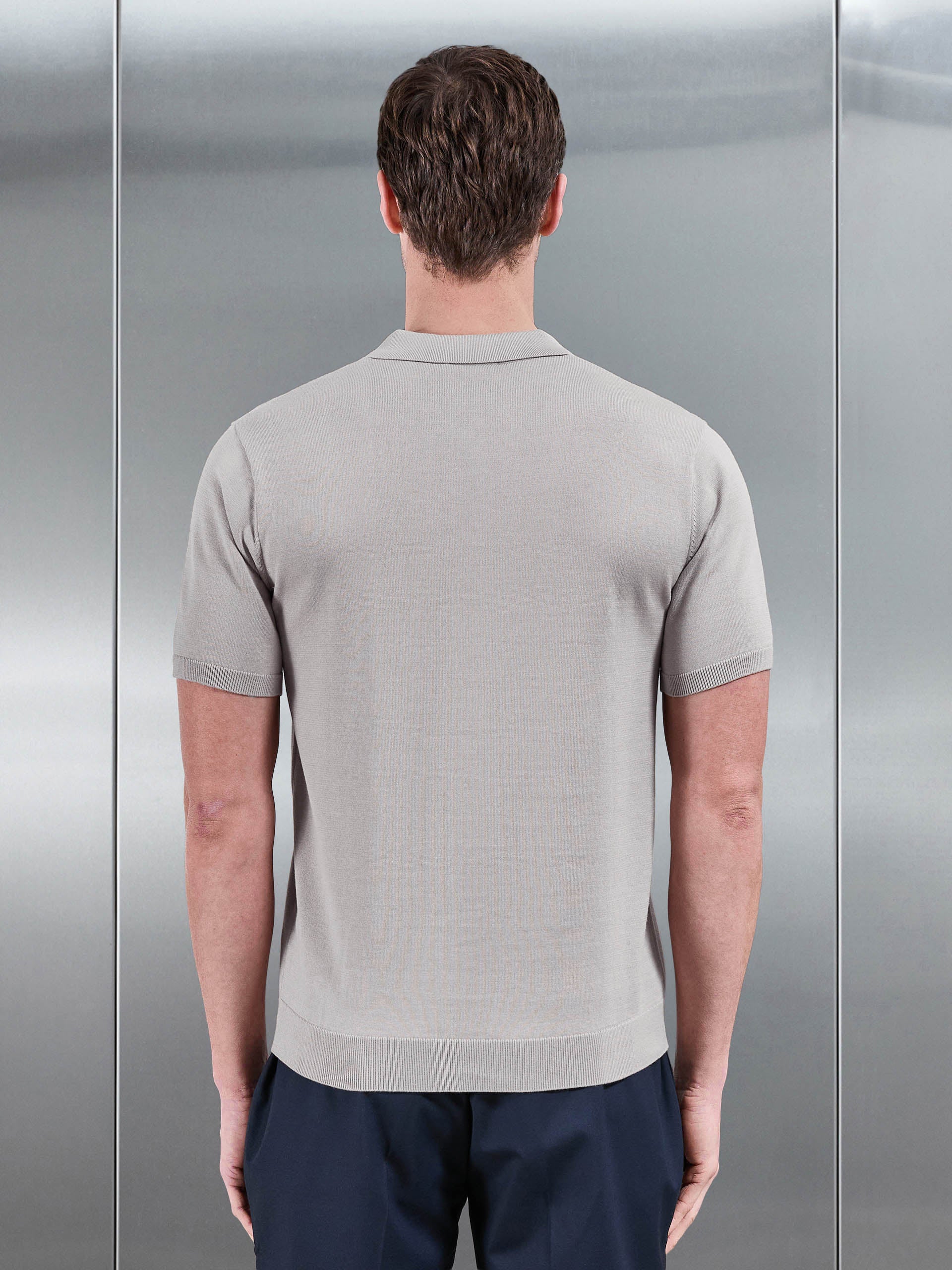 Mens Cotton Knitted Button Through Short Sleeve Shirt in Stone