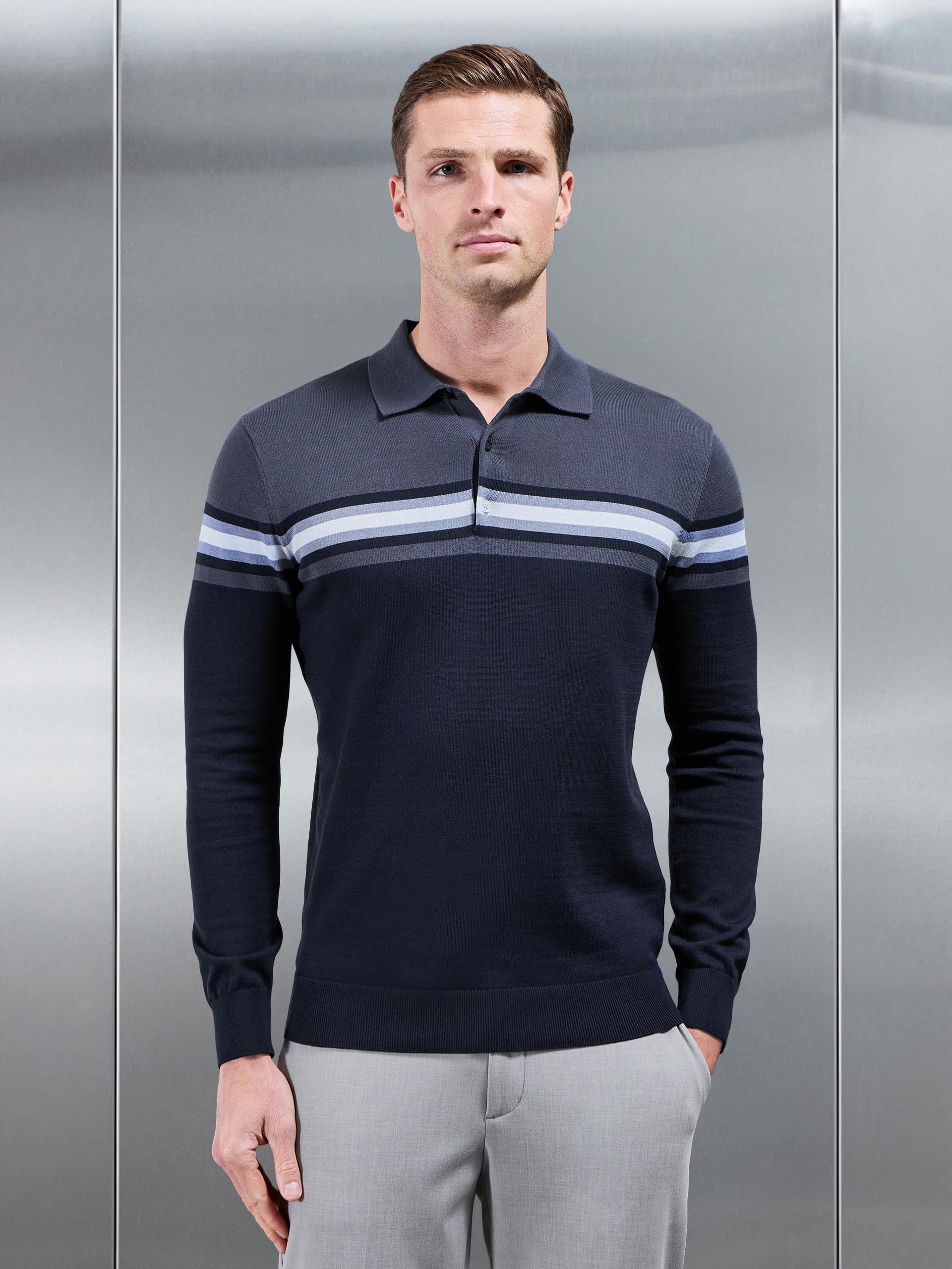 Mens Cotton Knitted Colour Block Button Polo Shirt in Navy