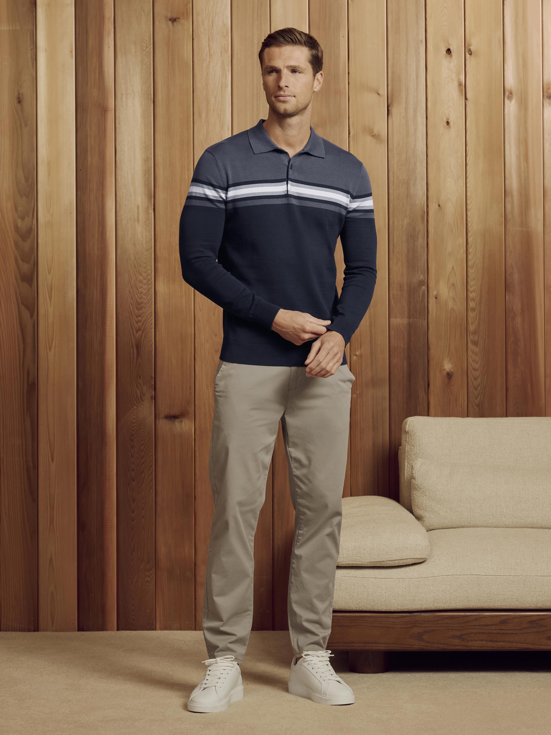 Mens Cotton Knitted Colour Block Button Polo Shirt in Navy
