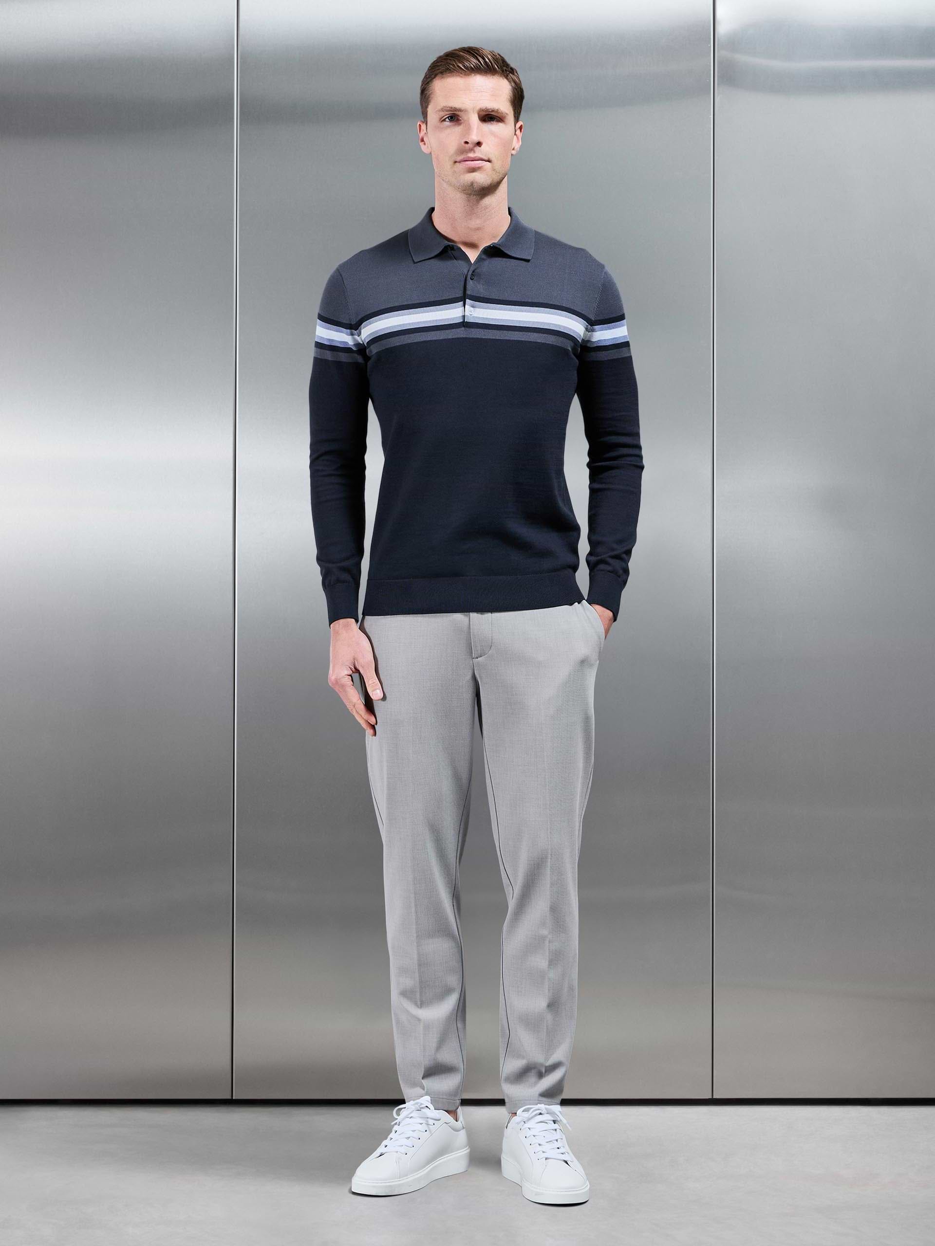 Cotton Knitted Colour Block Button Polo Shirt in Navy