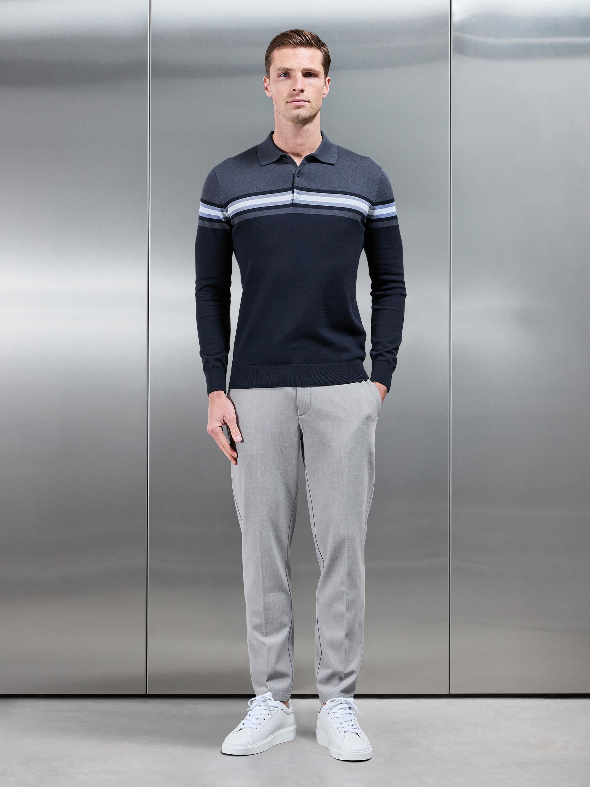 Mens Cotton Knitted Colour Block Button Polo Shirt in Navy