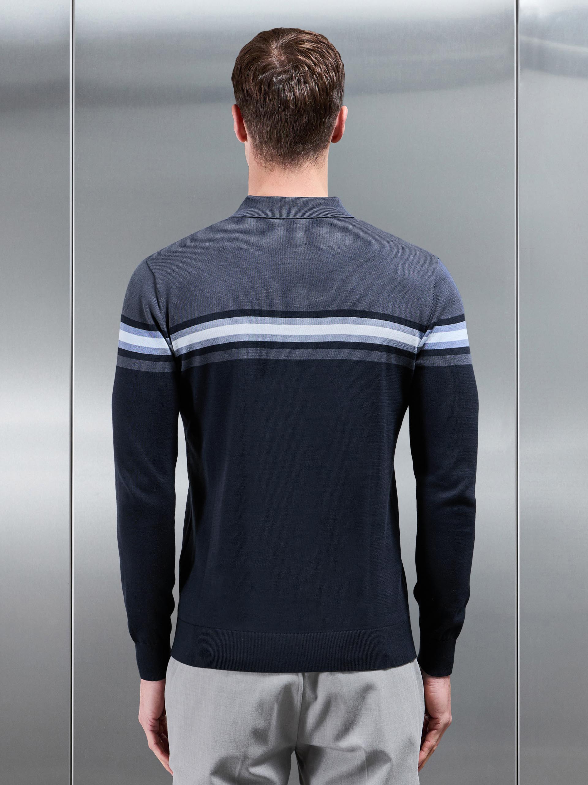 Mens Cotton Knitted Colour Block Button Polo Shirt in Navy