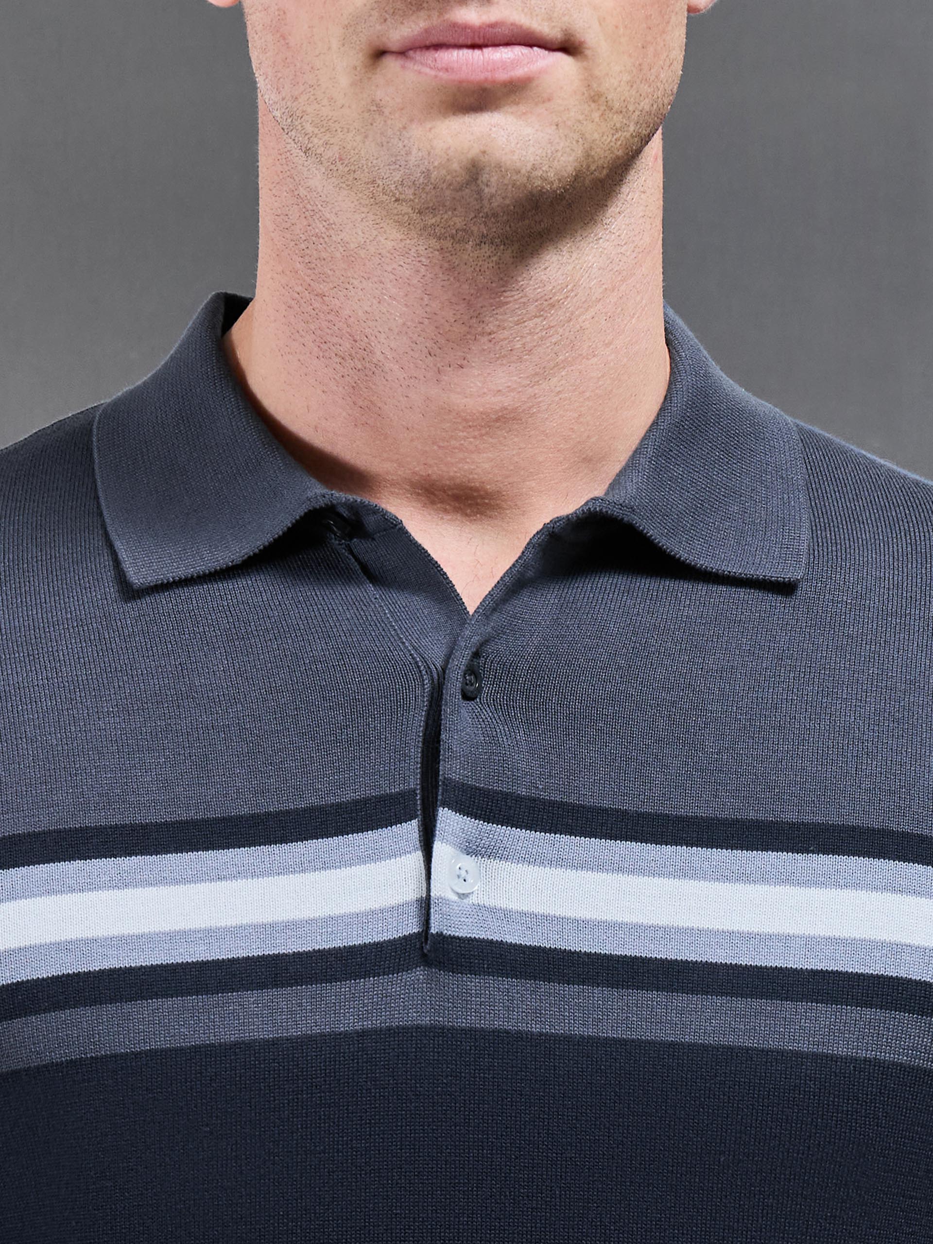 Mens Cotton Knitted Colour Block Button Polo Shirt in Navy
