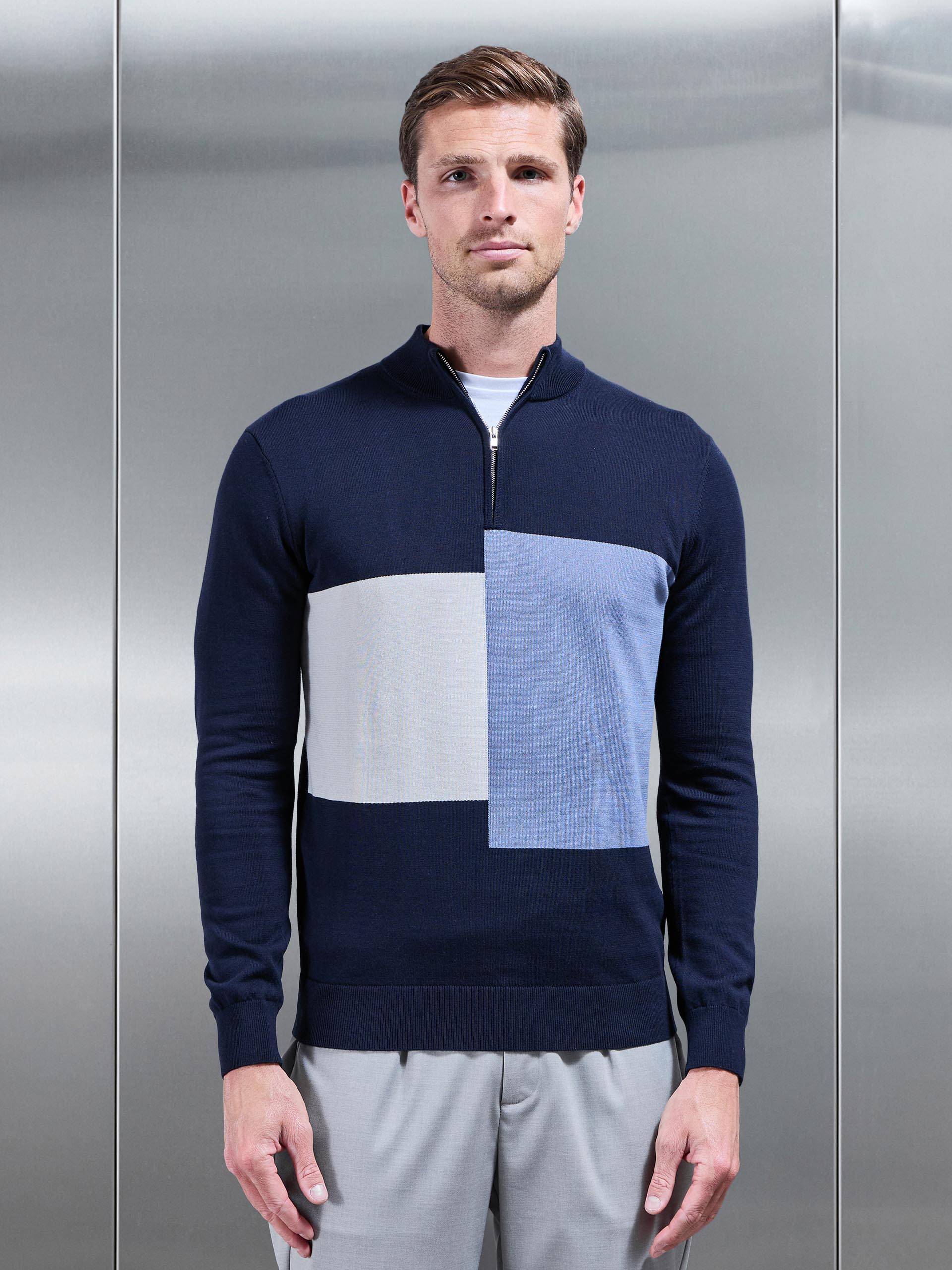 Mens Cotton Knitted Colour Block Half Zip in Navy