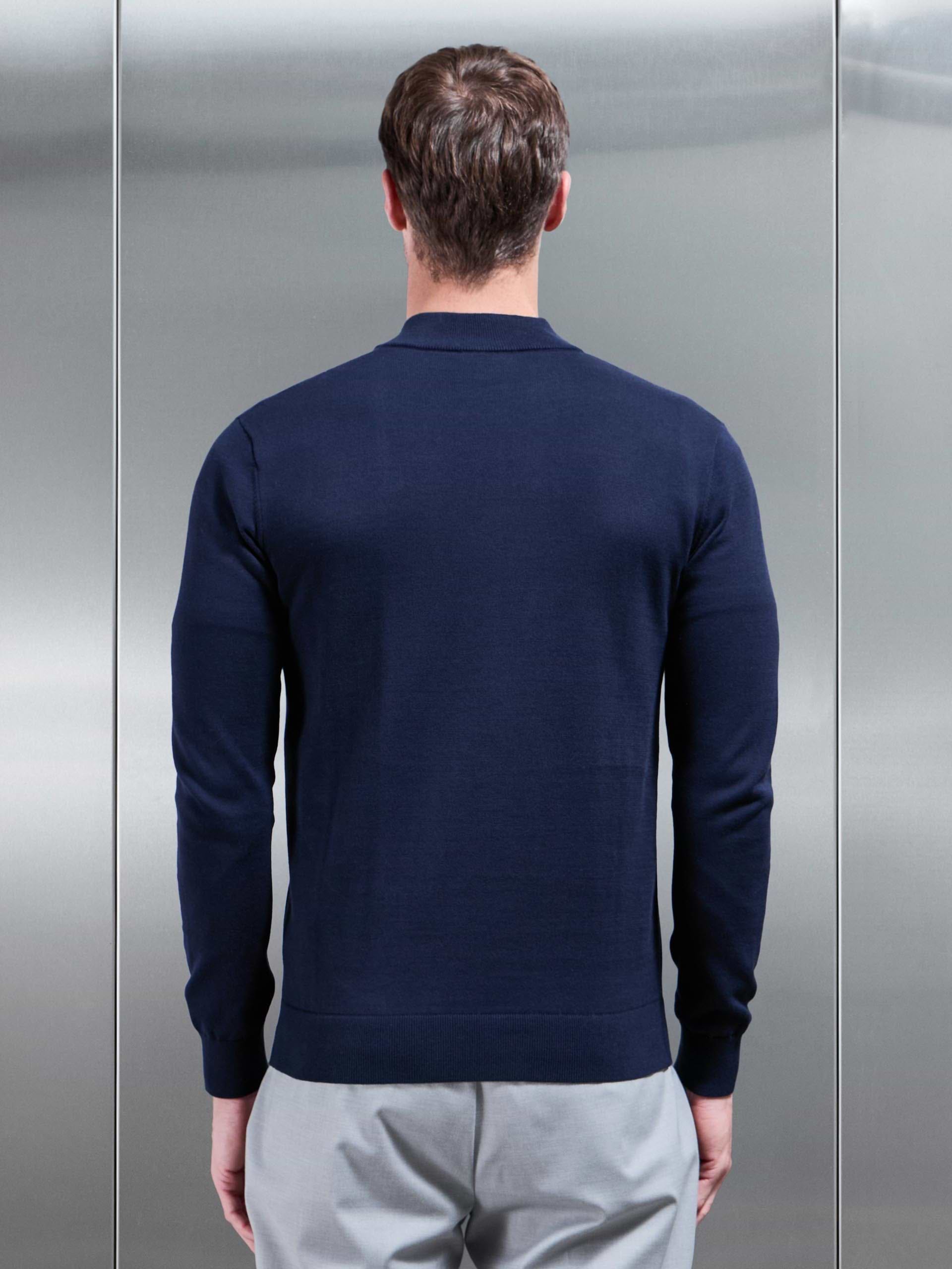 Cotton Knitted Colour Block Half Zip in Navy