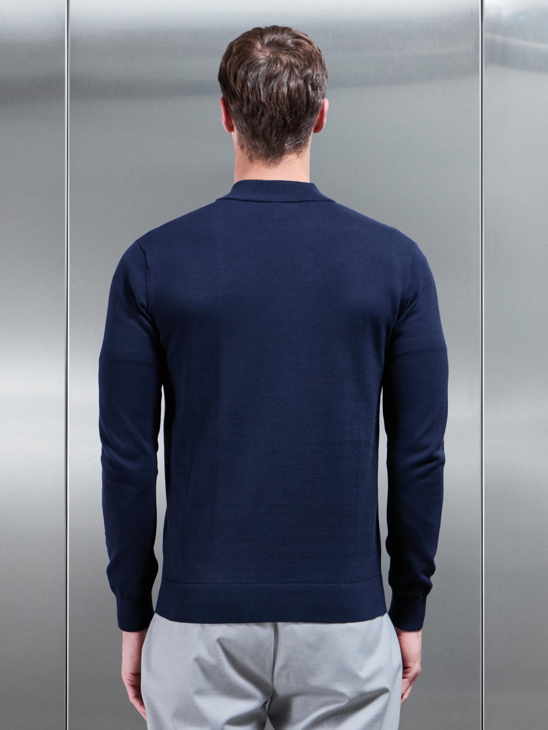 Mens Cotton Knitted Colour Block Half Zip in Navy