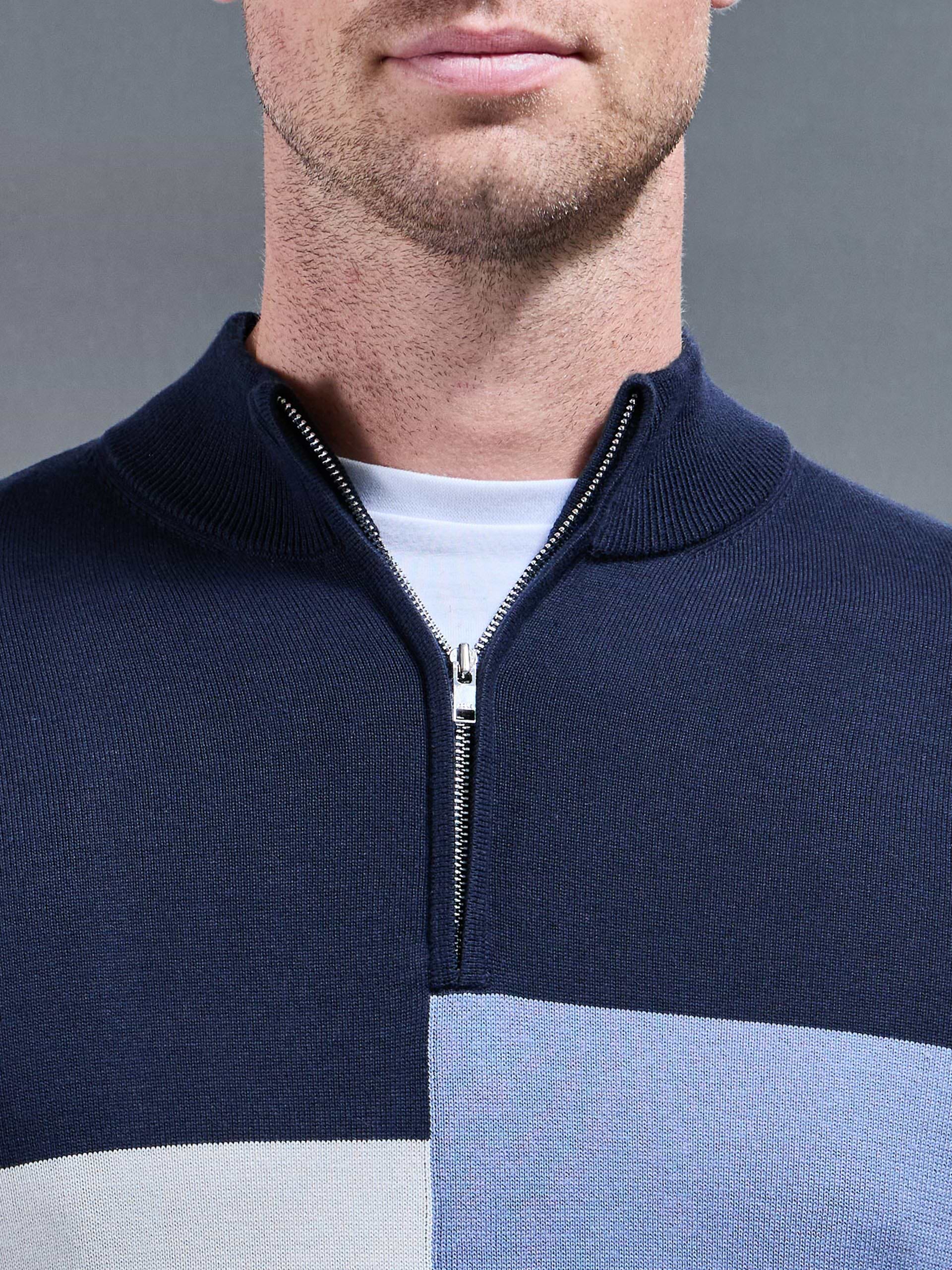 Cotton Knitted Colour Block Half Zip in Navy