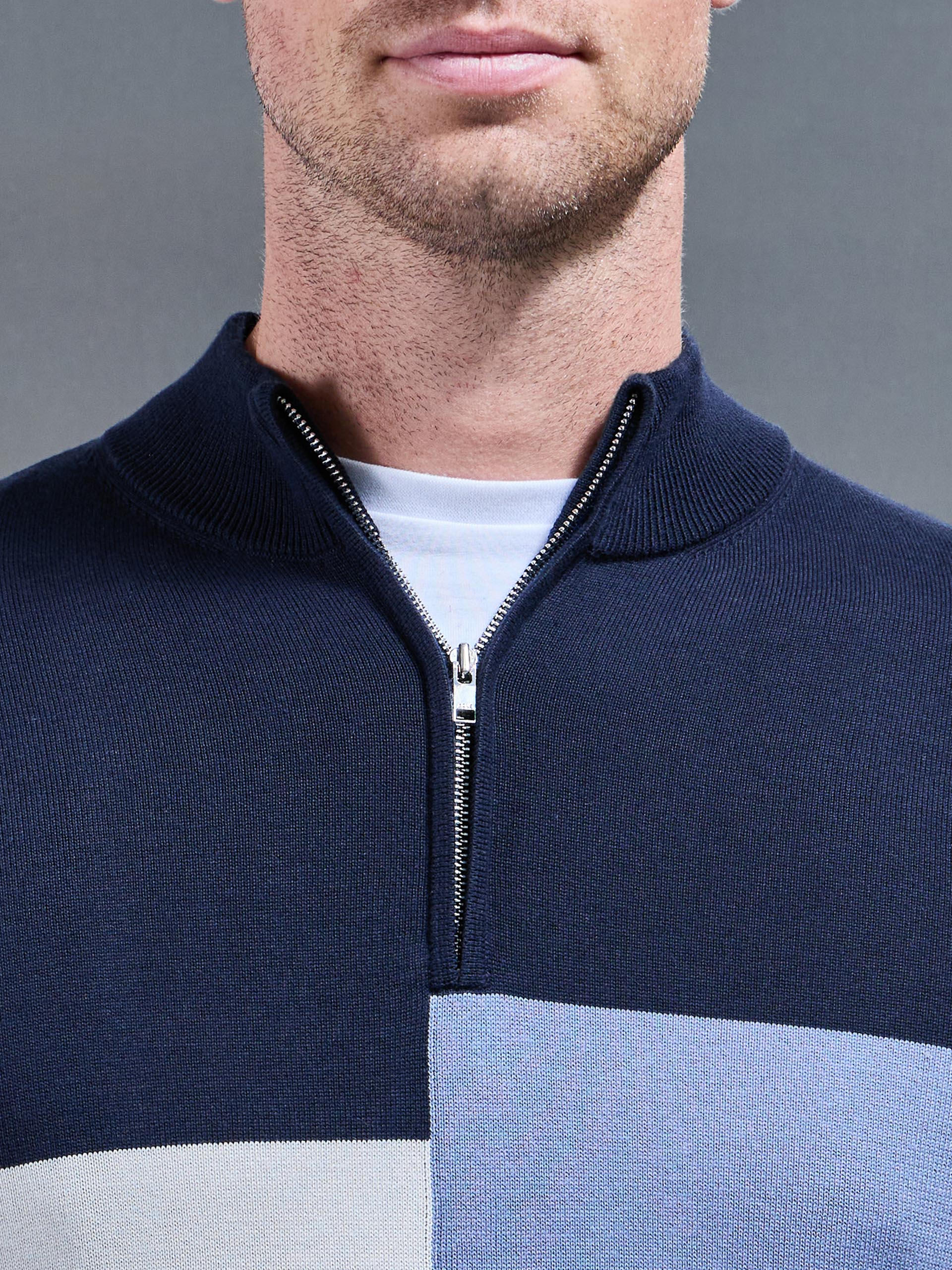 Mens Cotton Knitted Colour Block Half Zip in Navy