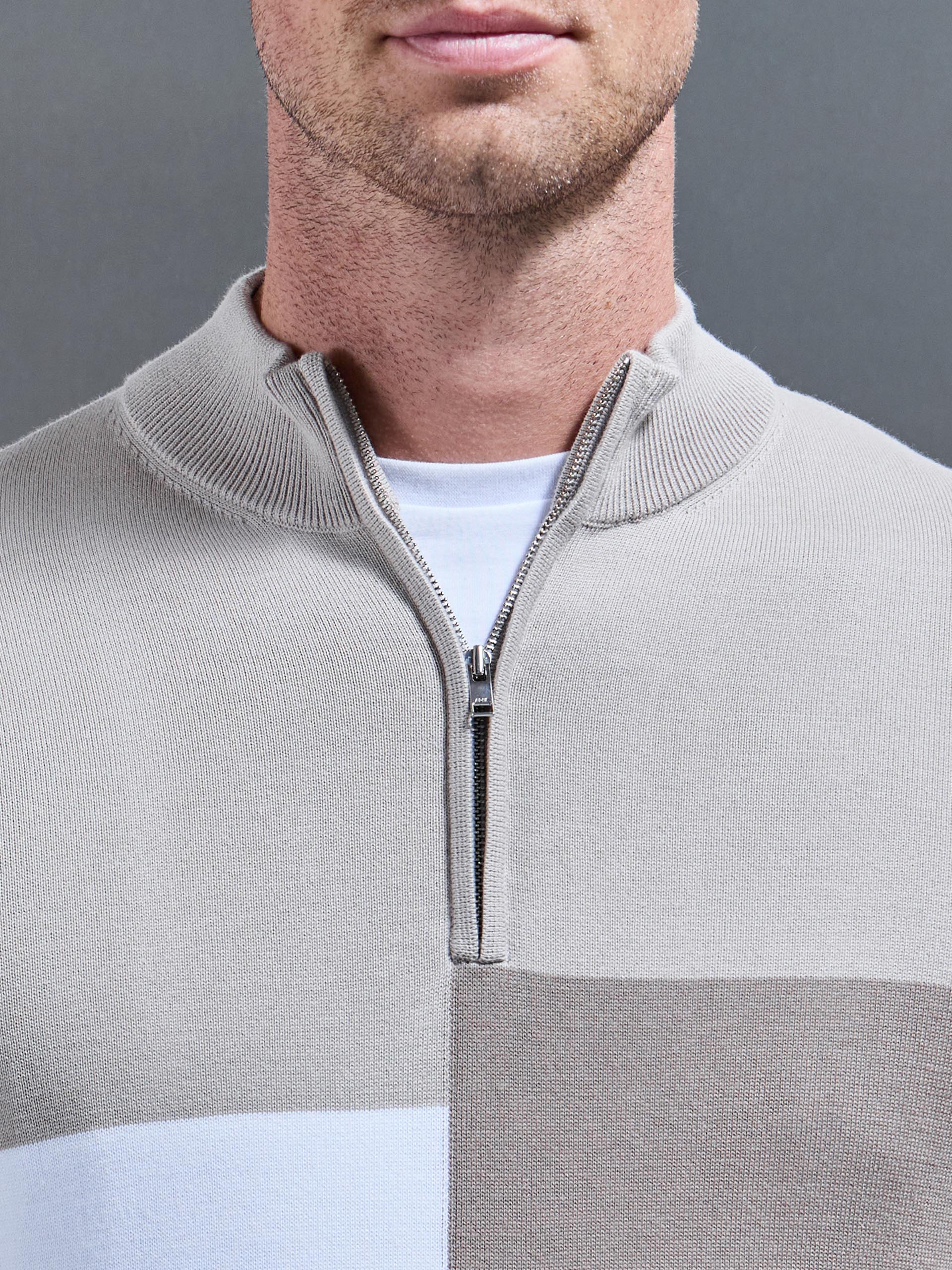 Mens Cotton Knitted Colour Block Half Zip in Stone