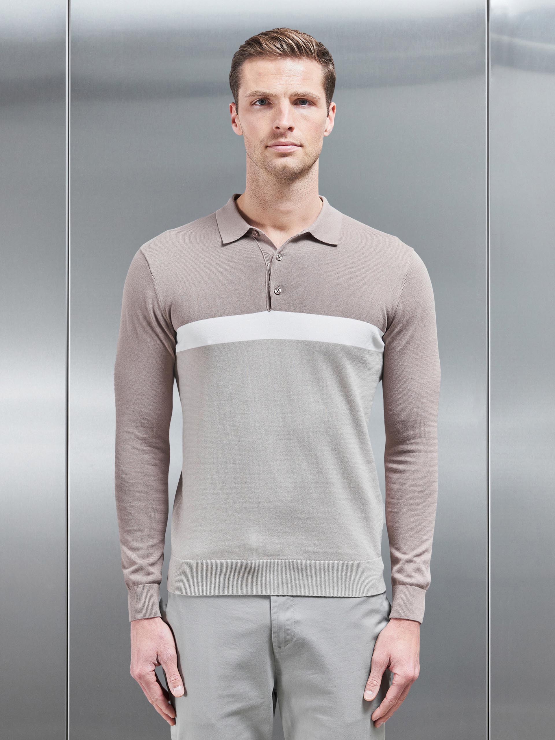 Mens Cotton Knitted Colour Block Polo Shirt in Taupe