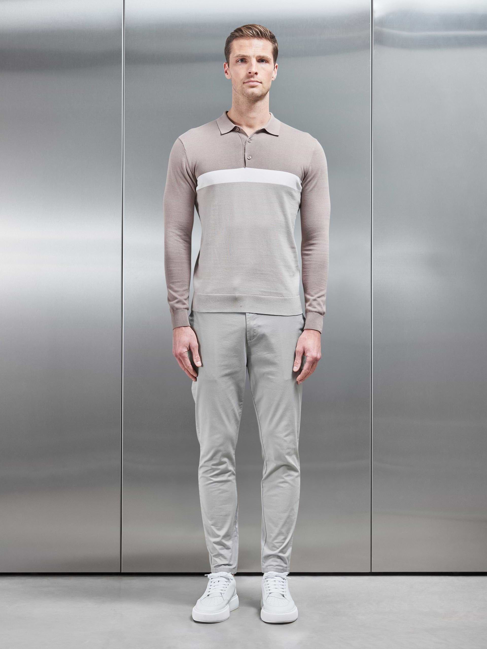 Mens Cotton Knitted Colour Block Polo Shirt in Taupe