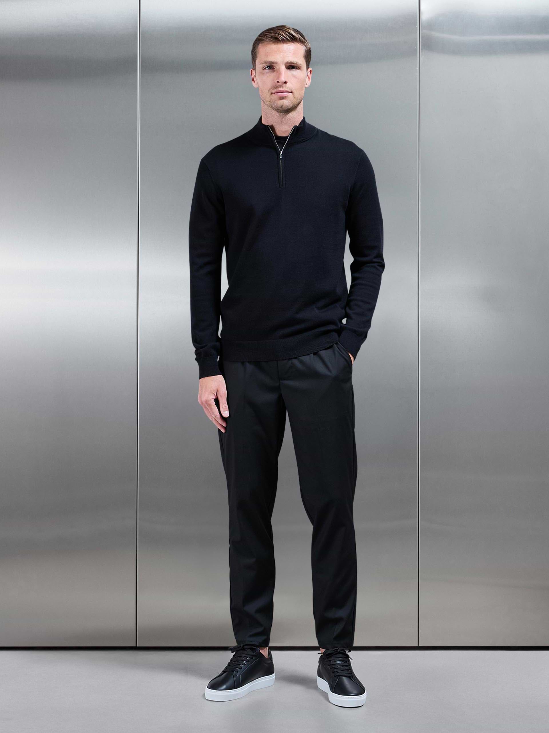 Mens Cotton Knitted Half Zip Funnel Neck Jumper in Black