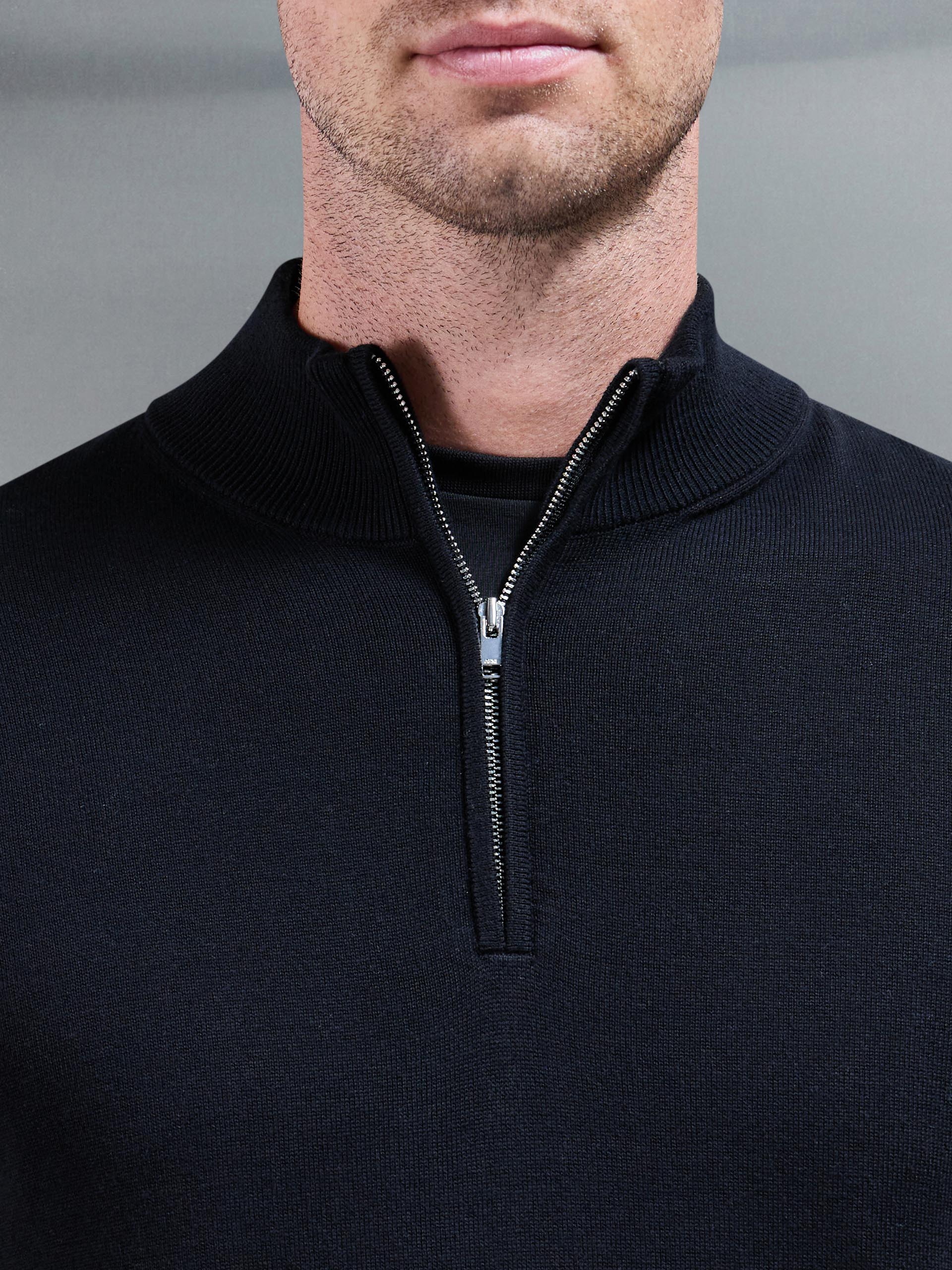 Mens Cotton Knitted Half Zip Funnel Neck Jumper in Black