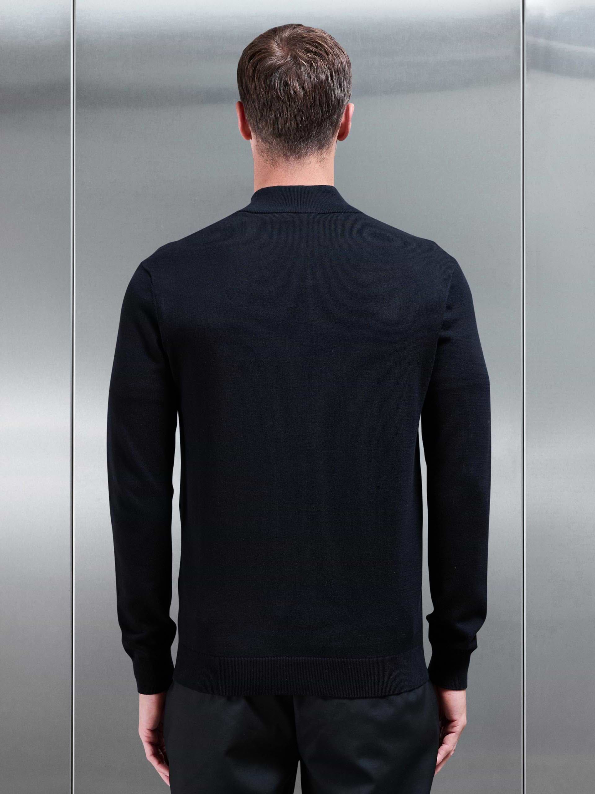 Cotton Knitted Half Zip Funnel Neck Jumper in Black