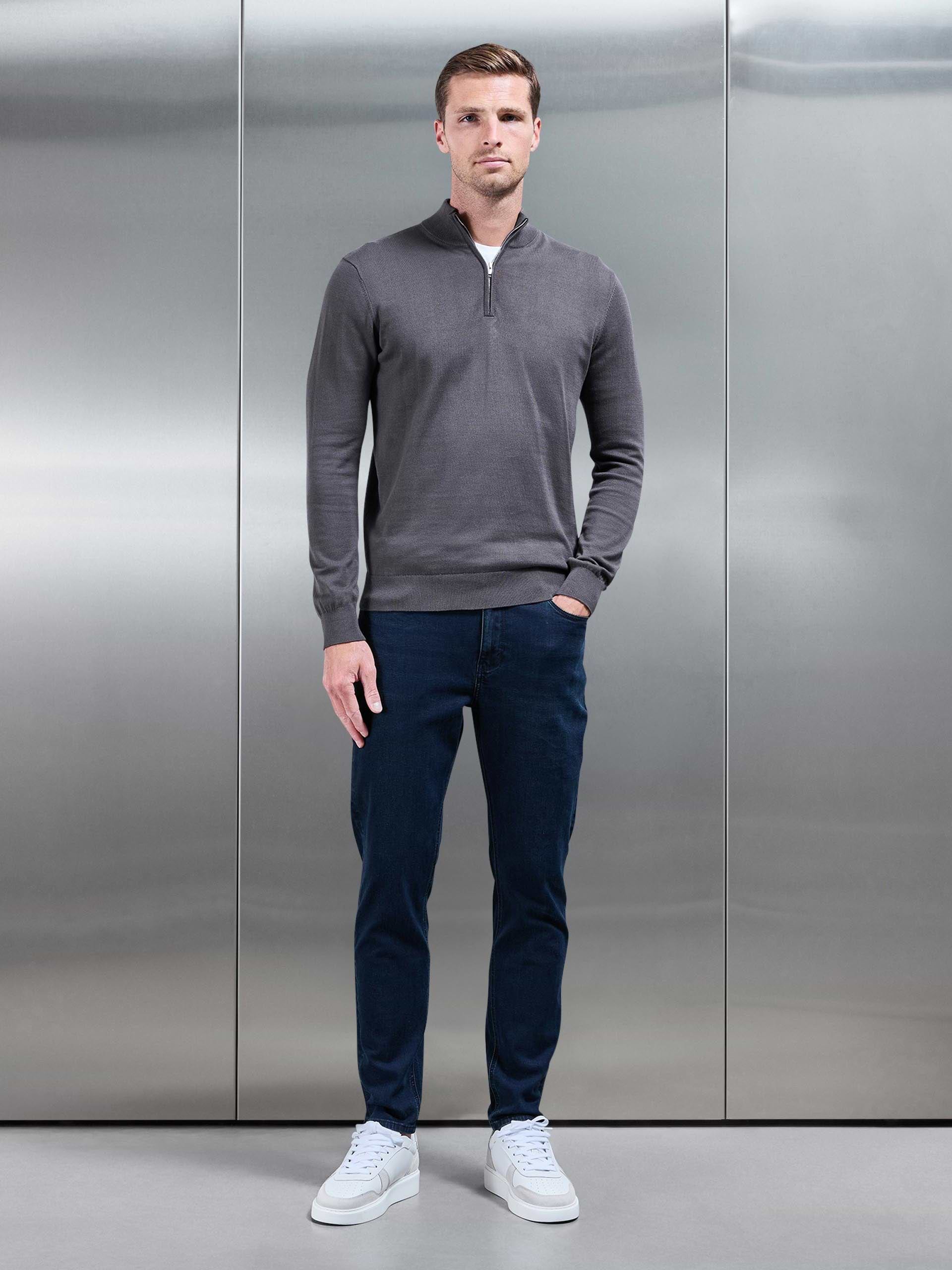 Cotton Knitted Half Zip Funnel Neck Jumper in Grey