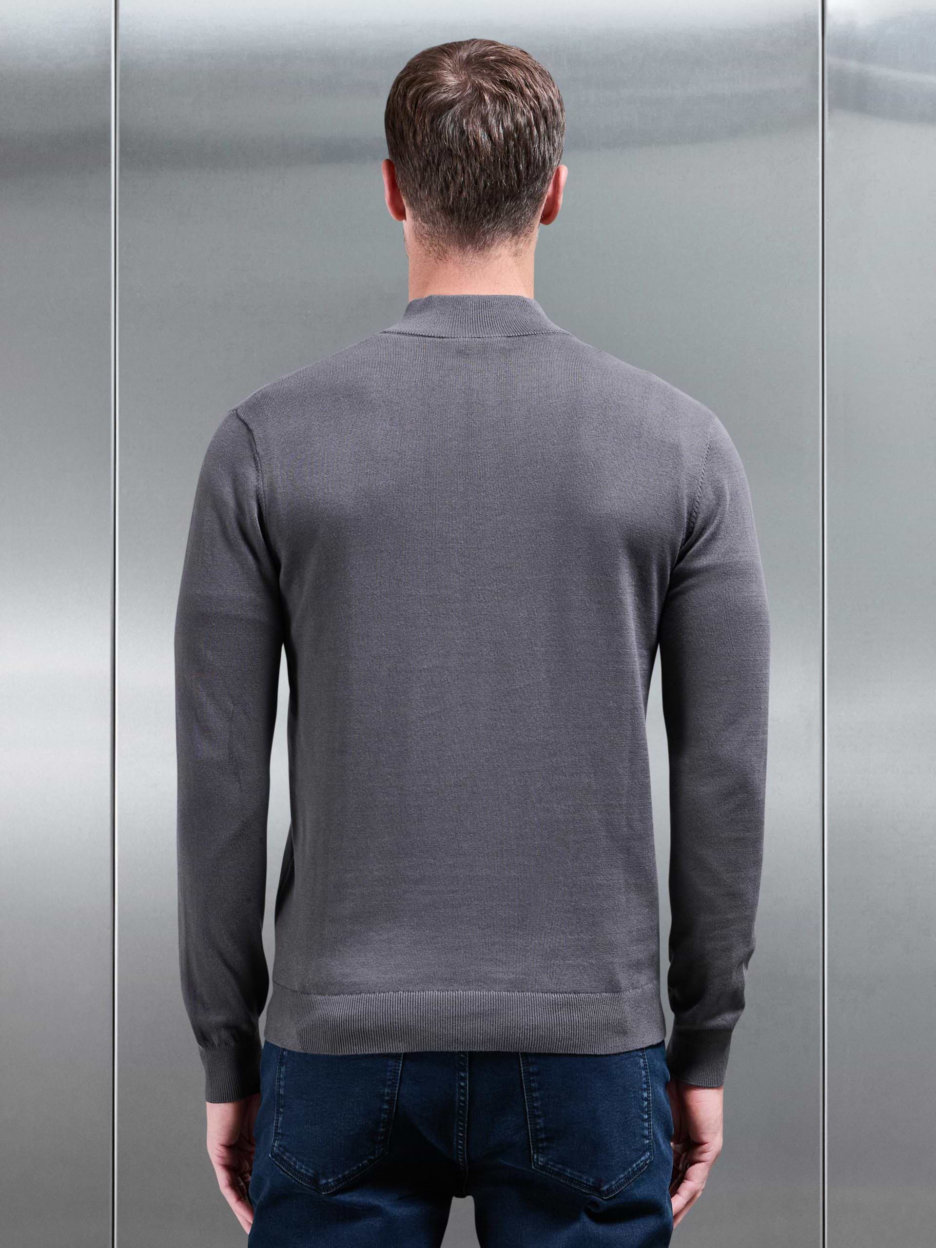 Cotton Knitted Half Zip Funnel Neck Jumper in Grey