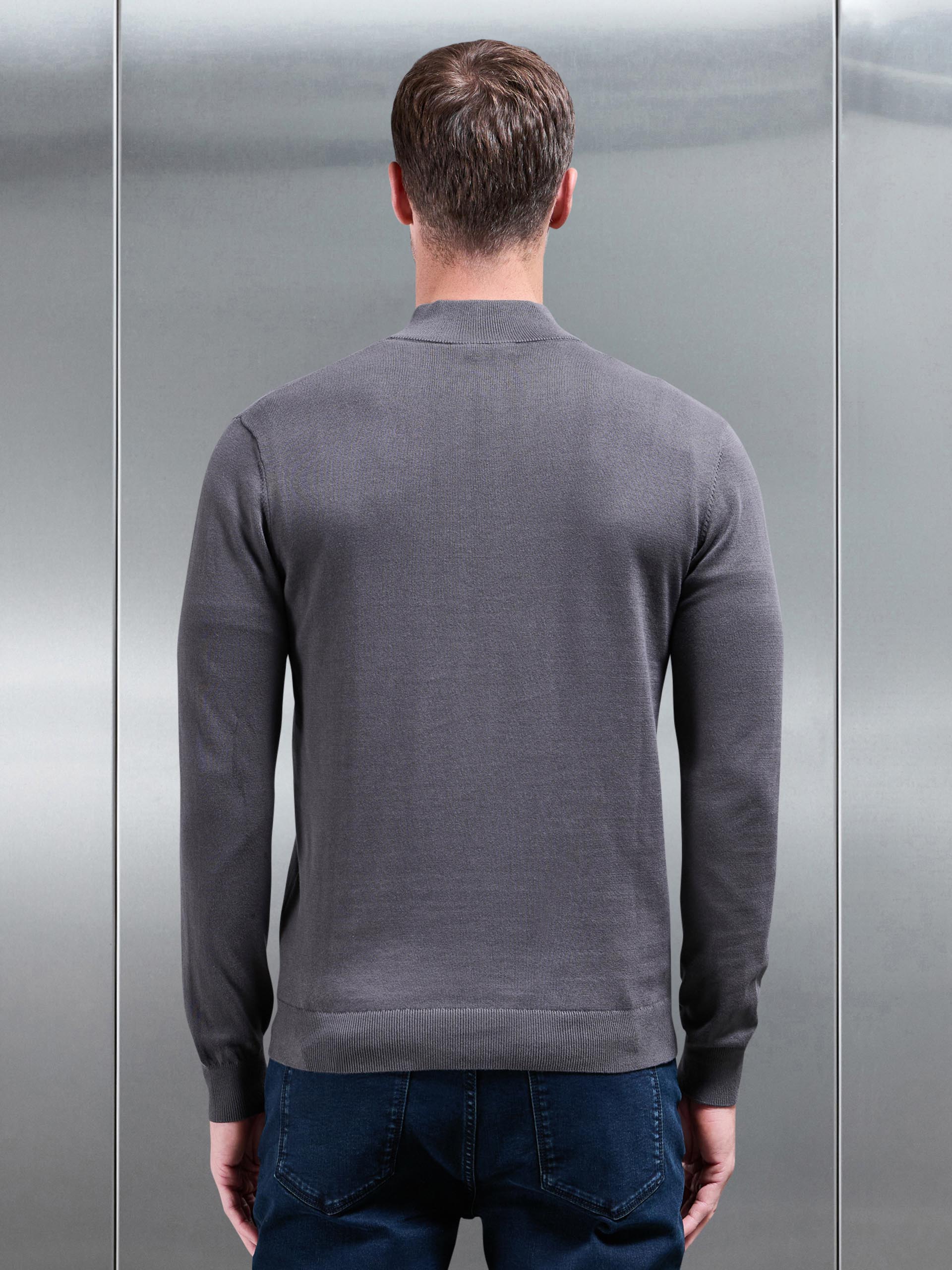 Mens Cotton Knitted Half Zip Funnel Neck Jumper in Grey