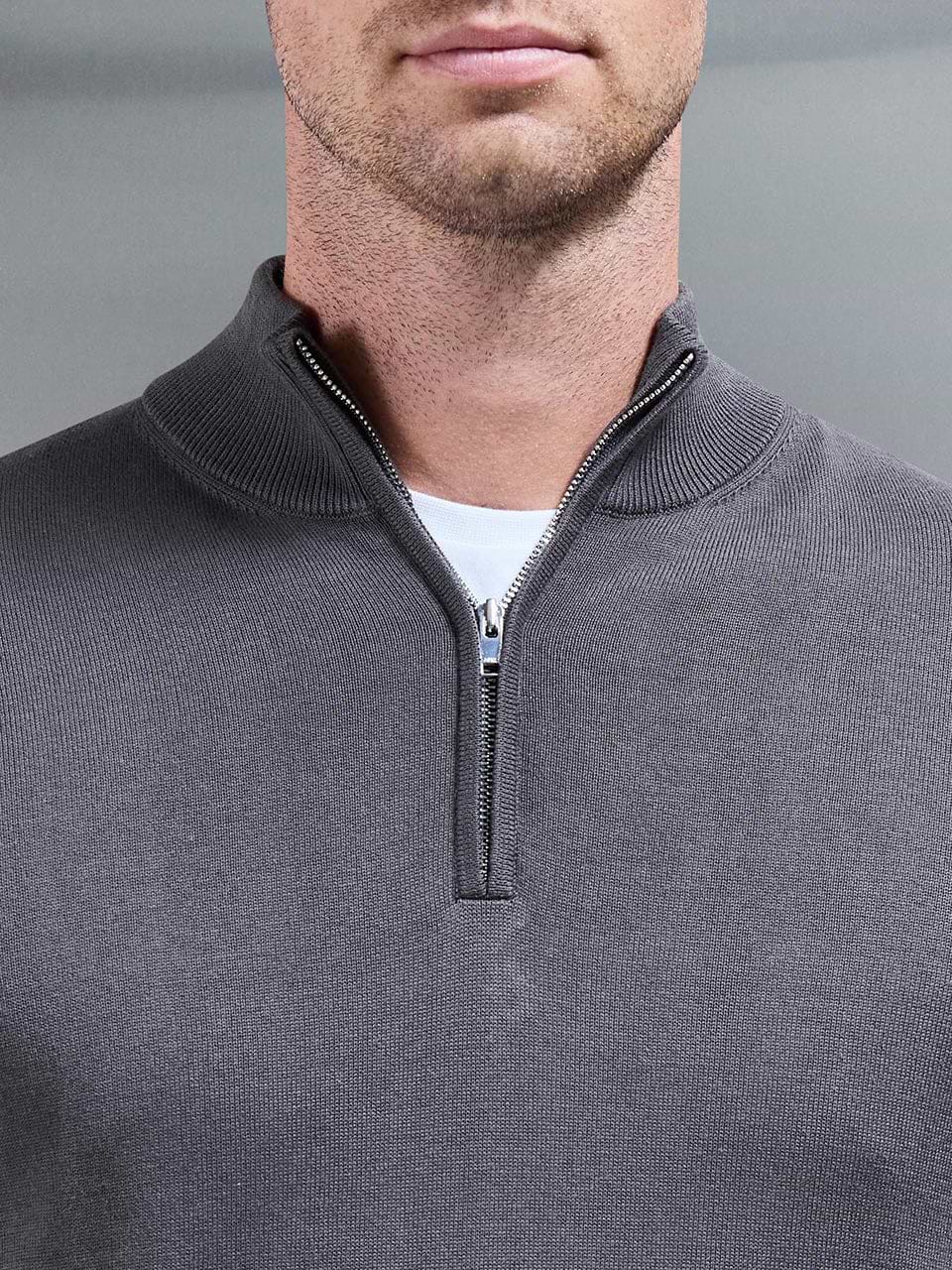 Cotton Knitted Half Zip Funnel Neck Jumper in Grey