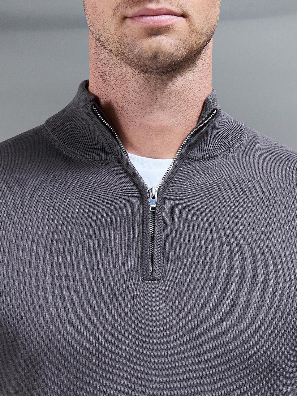 Mens Cotton Knitted Half Zip Funnel Neck Jumper in Grey