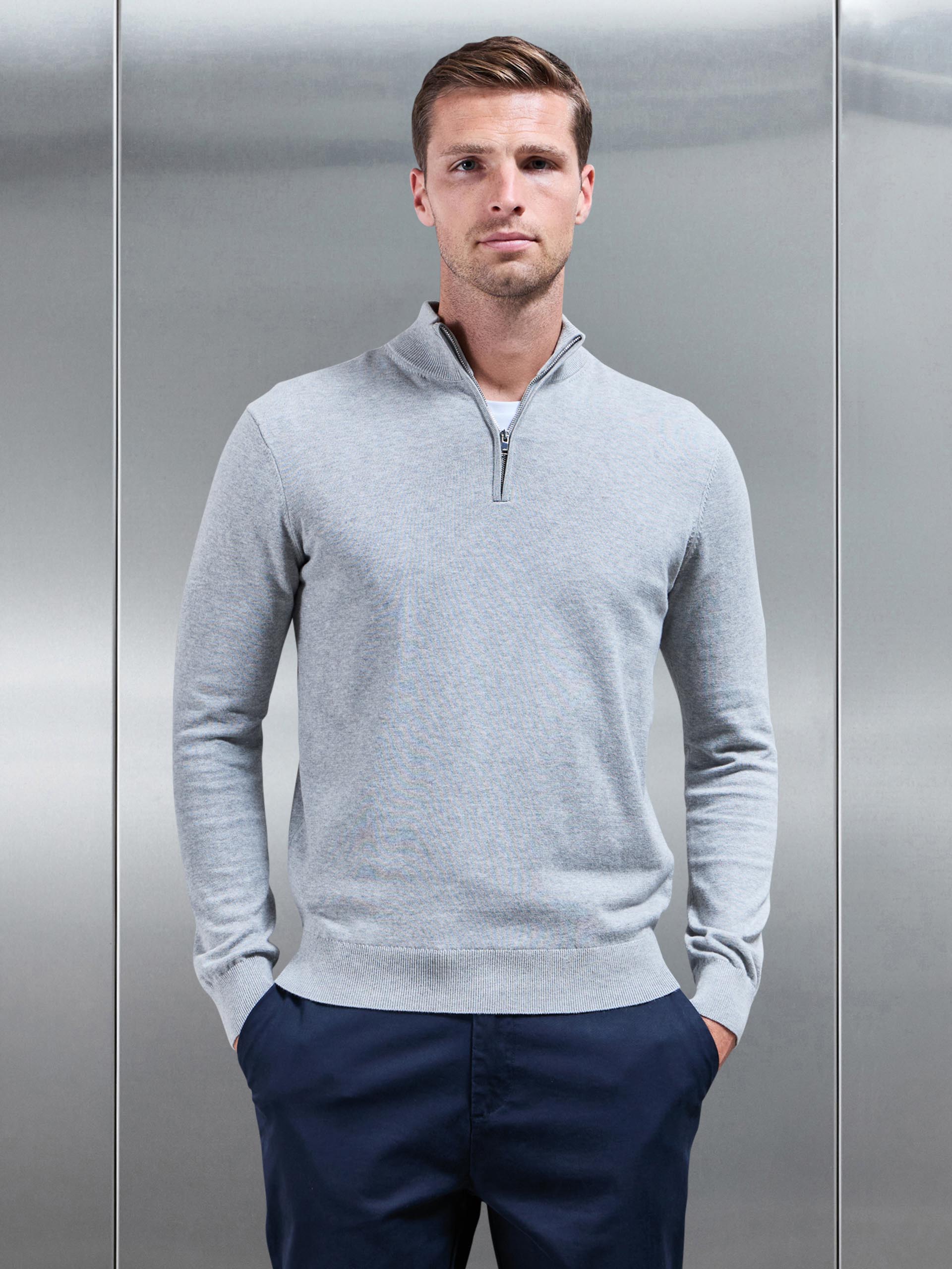 Mens Cotton Knitted Half Zip Funnel Neck Jumper in Marl Grey