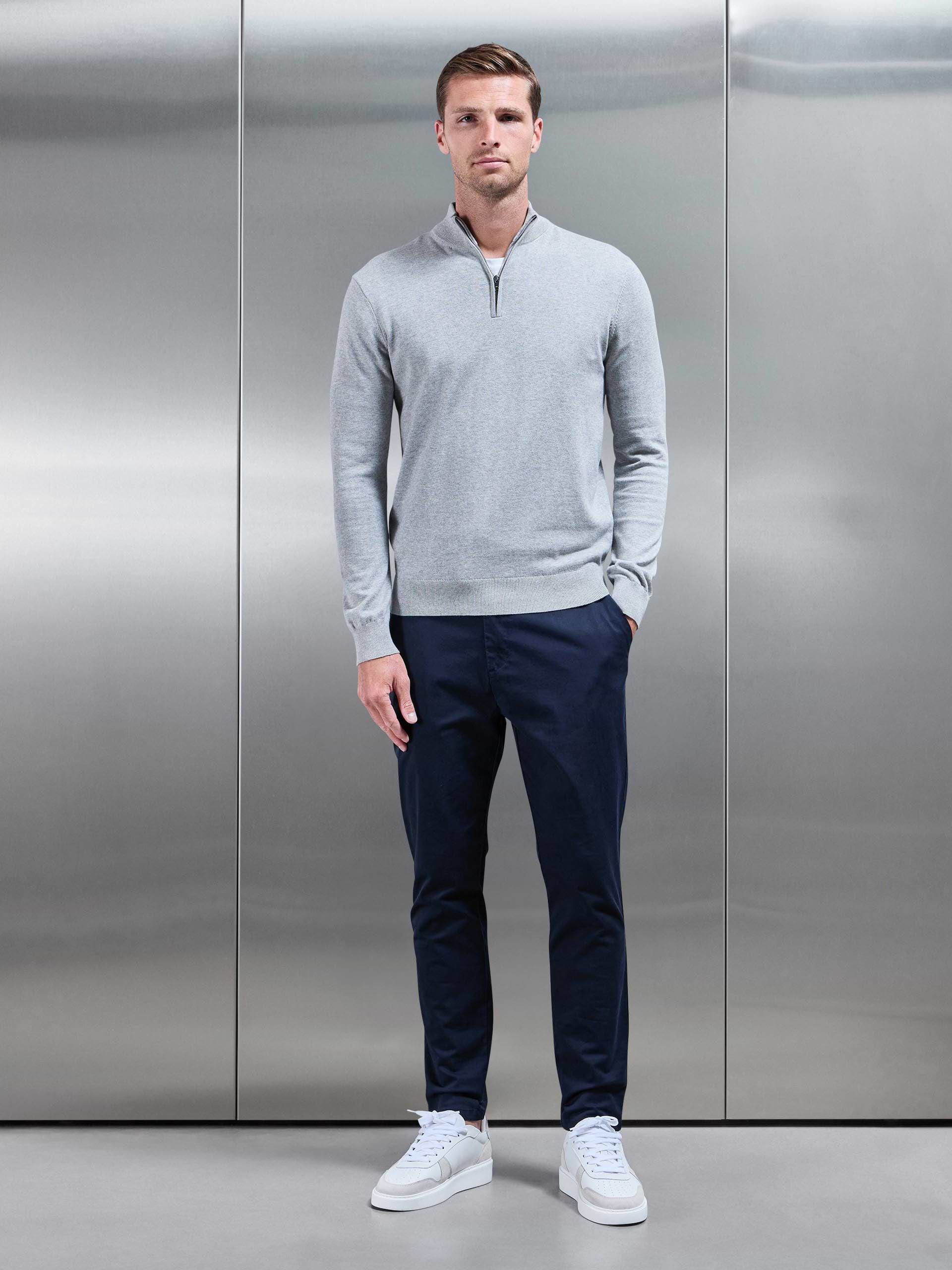 Mens Cotton Knitted Half Zip Funnel Neck Jumper in Marl Grey