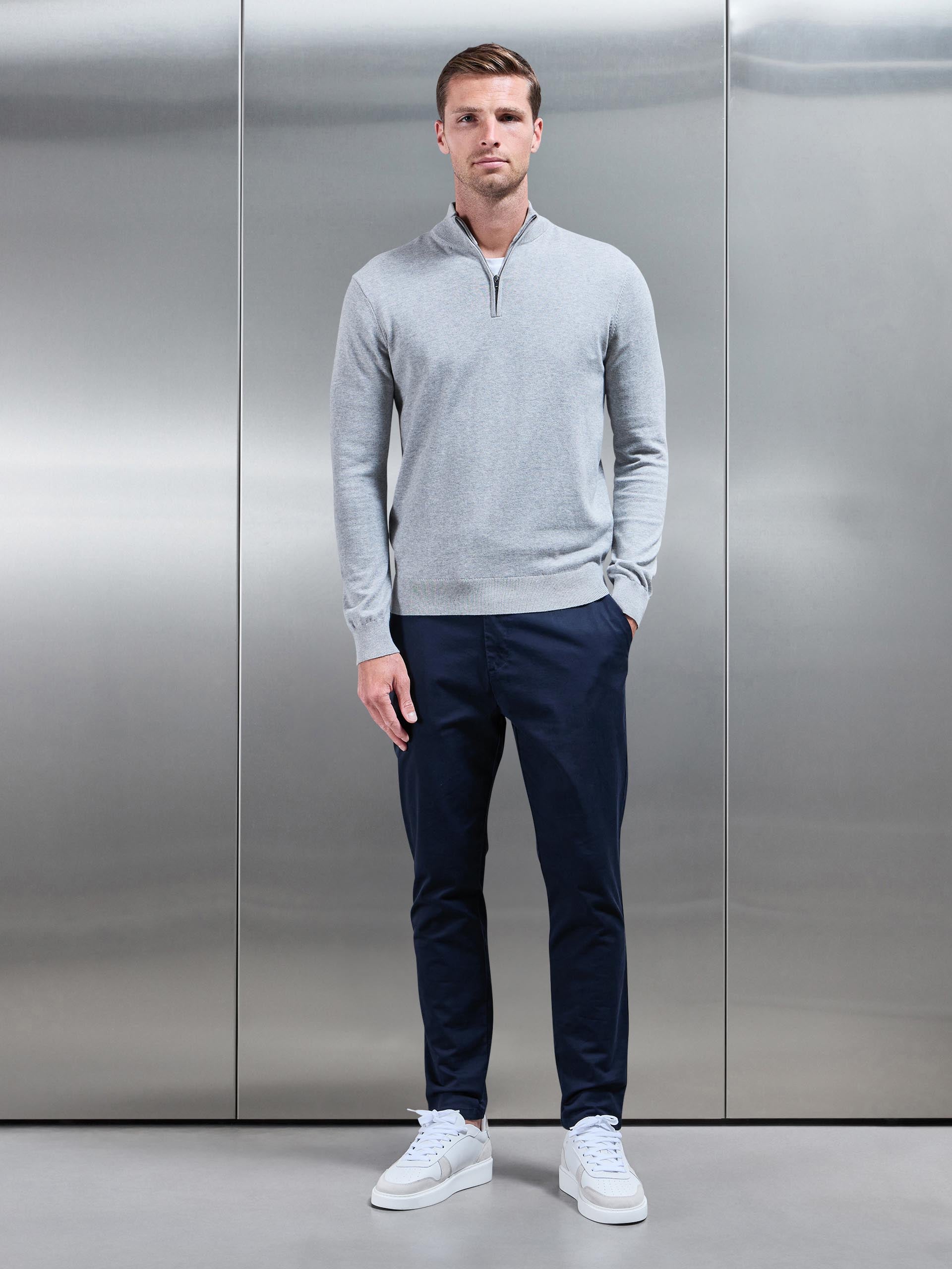 Mens Cotton Knitted Half Zip Funnel Neck Jumper in Marl Grey