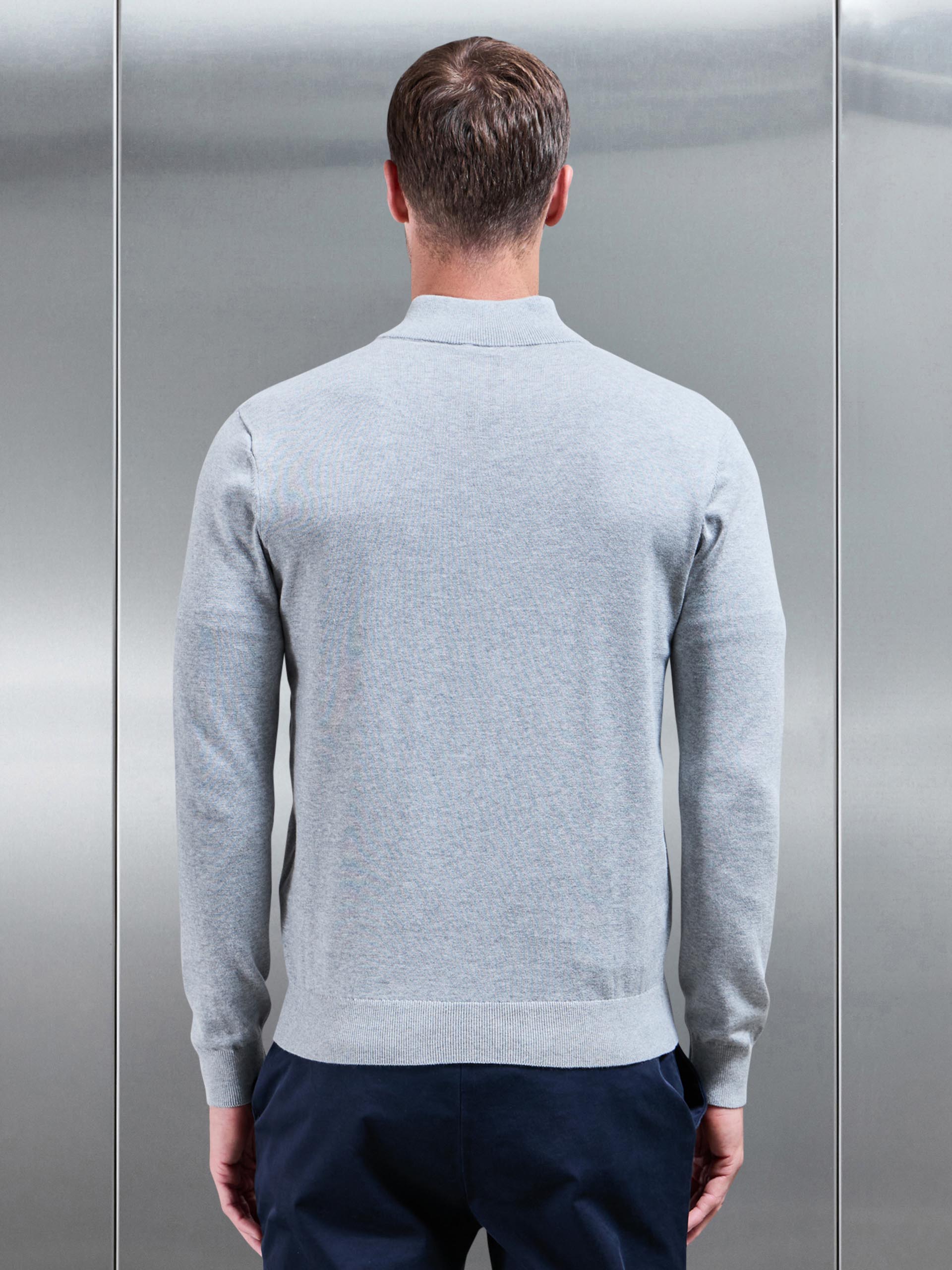 Mens Cotton Knitted Half Zip Funnel Neck Jumper in Marl Grey