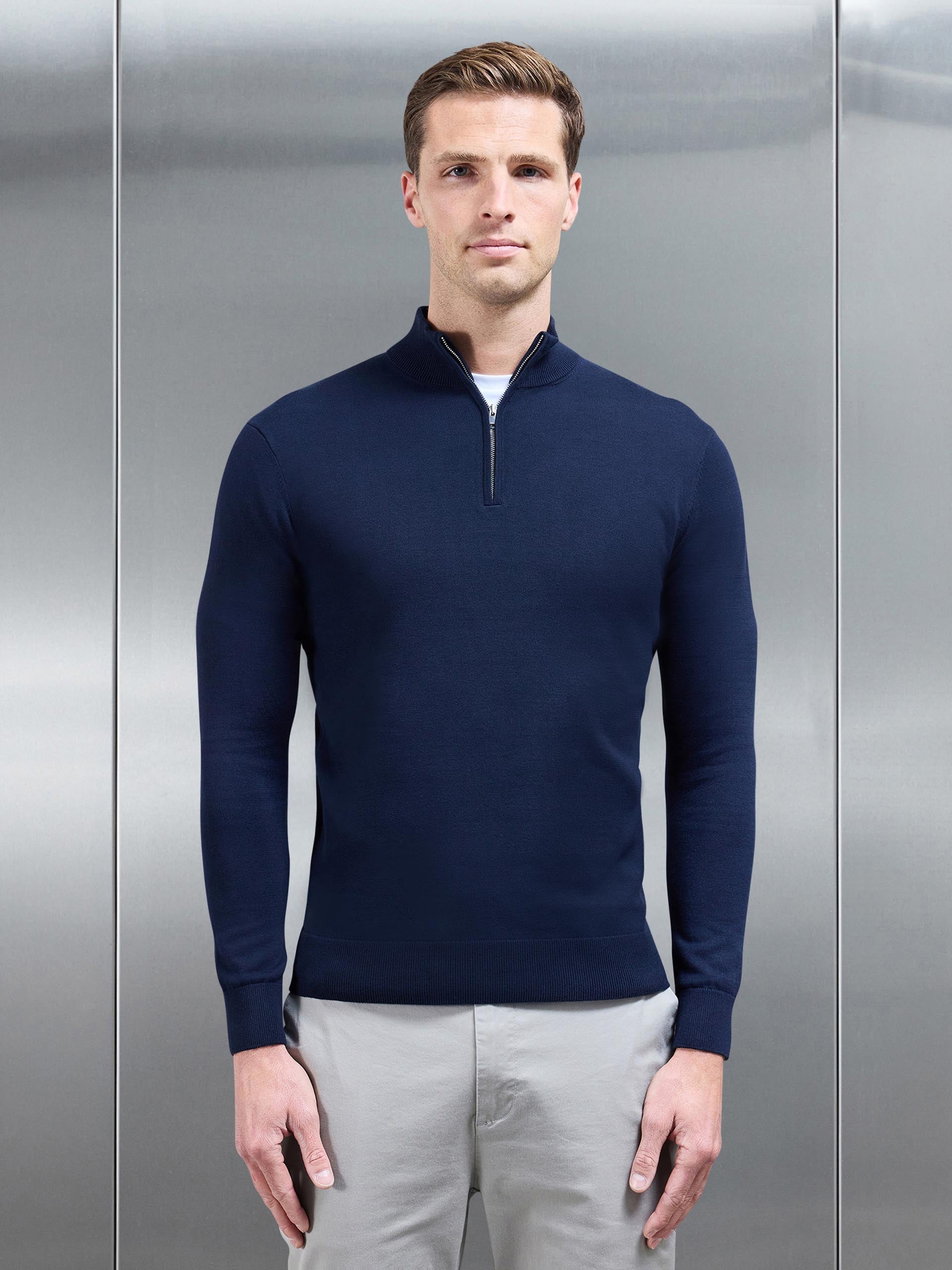 Mens Cotton Knitted Half Zip Funnel Neck Jumper in Navy