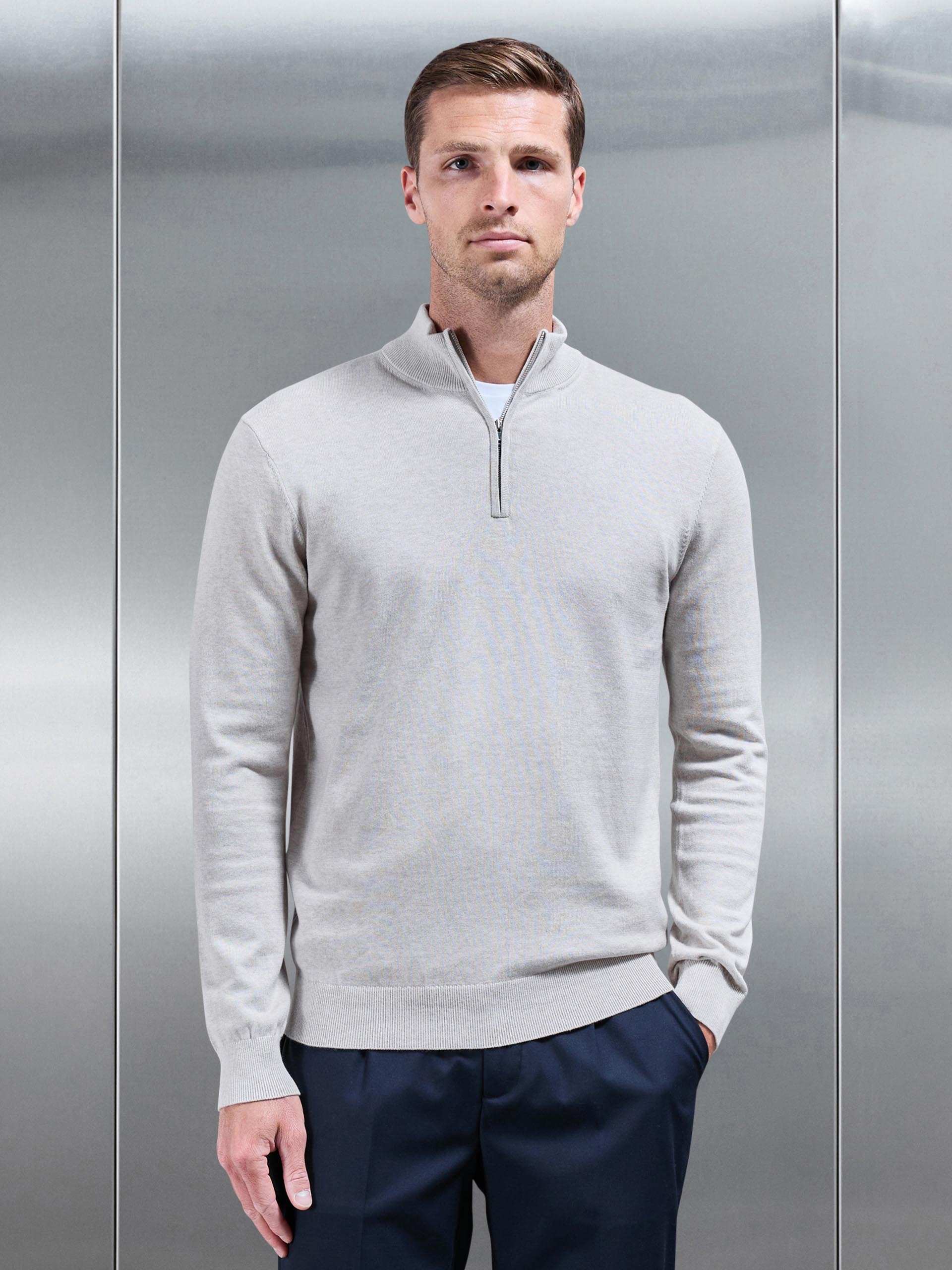 Mens Cotton Knitted Half Zip Funnel Neck Jumper in Oatmeal