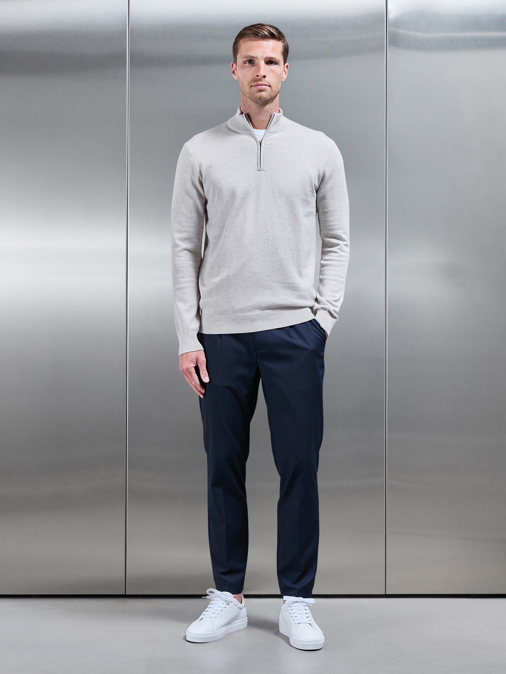 Mens Cotton Knitted Half Zip Funnel Neck Jumper in Oatmeal