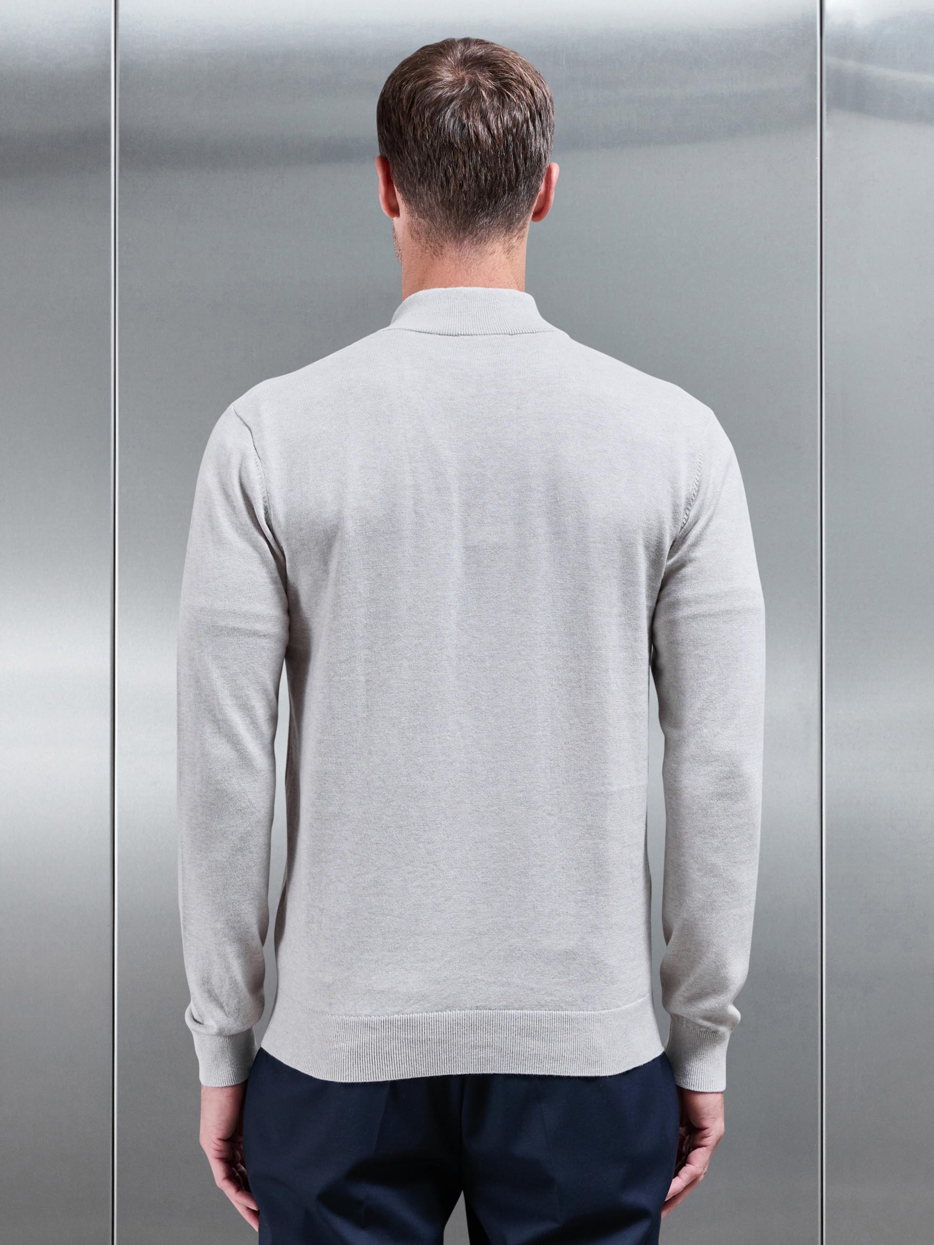 Mens Cotton Knitted Half Zip Funnel Neck Jumper in Oatmeal