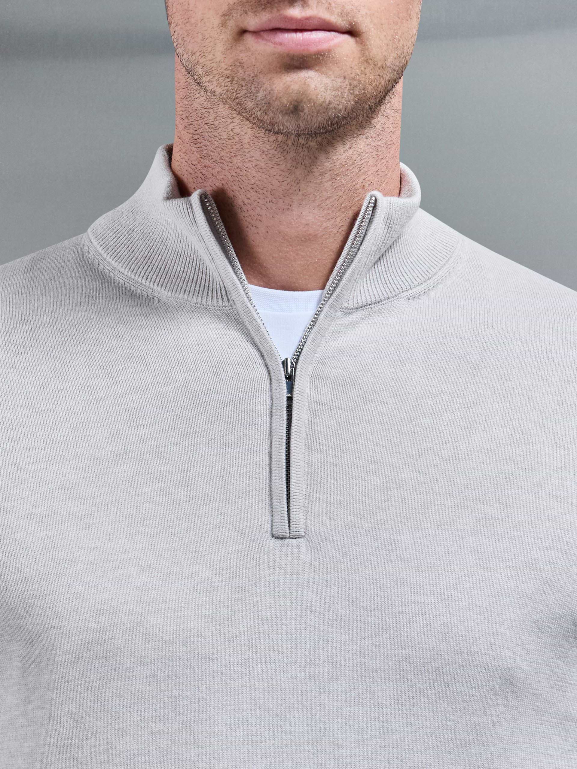 Cotton Knitted Half Zip Funnel Neck Jumper in Oatmeal