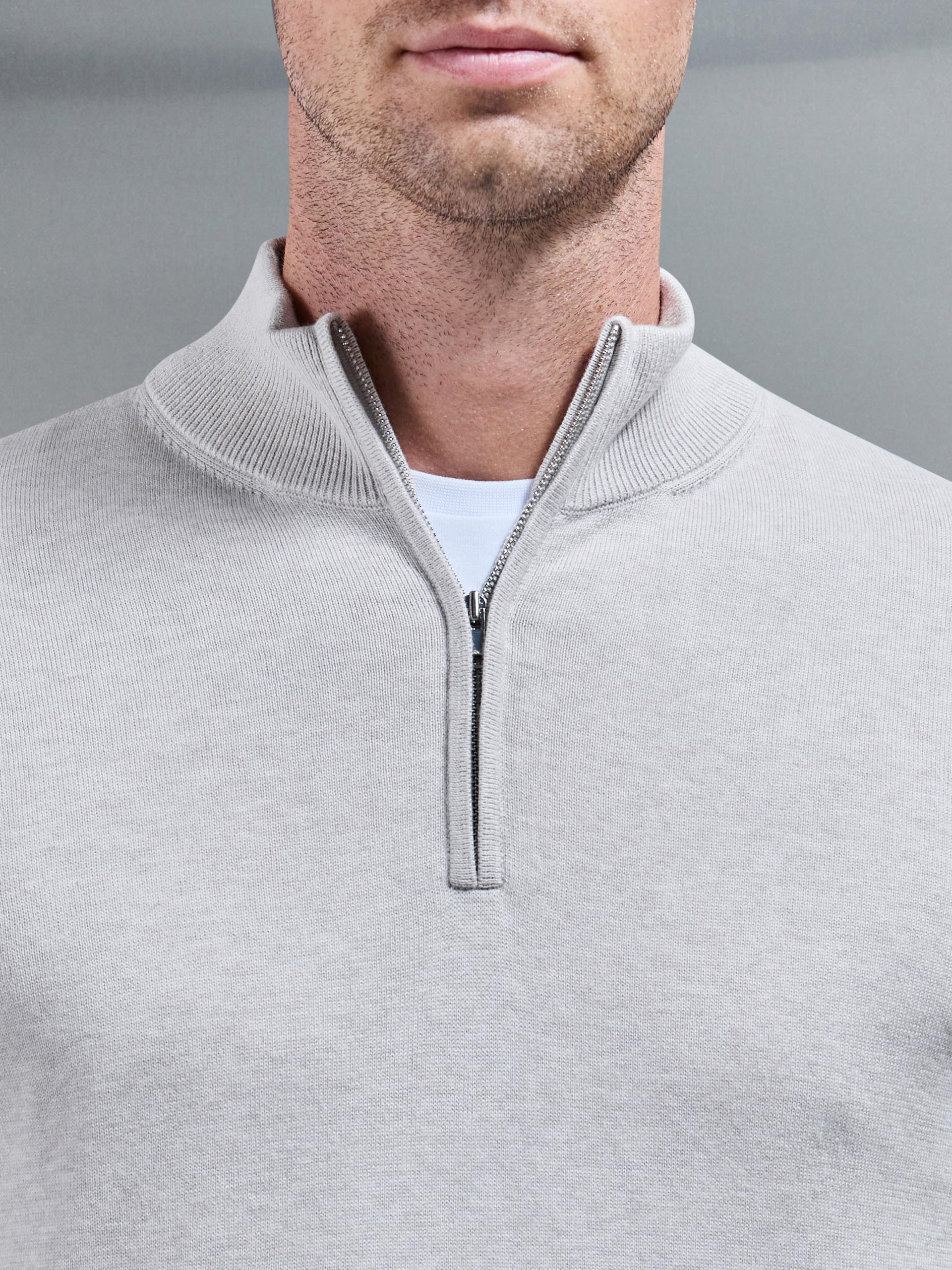 Mens Cotton Knitted Half Zip Funnel Neck Jumper in Oatmeal