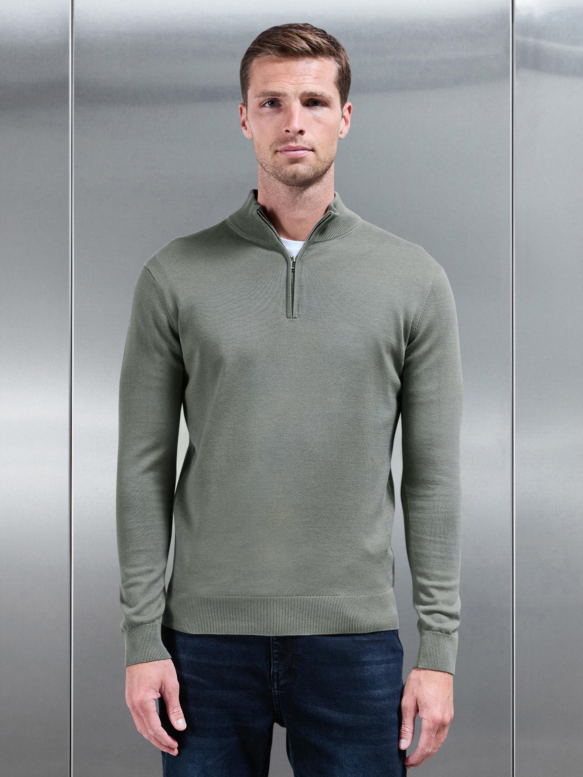 Mens Cotton Knitted Half Zip Funnel Neck Jumper in Sage