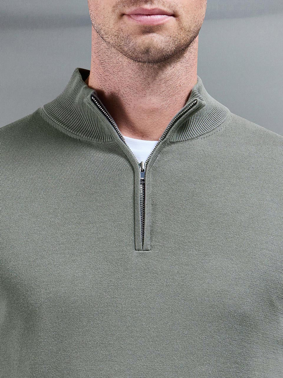 Mens Cotton Knitted Half Zip Funnel Neck Jumper in Sage